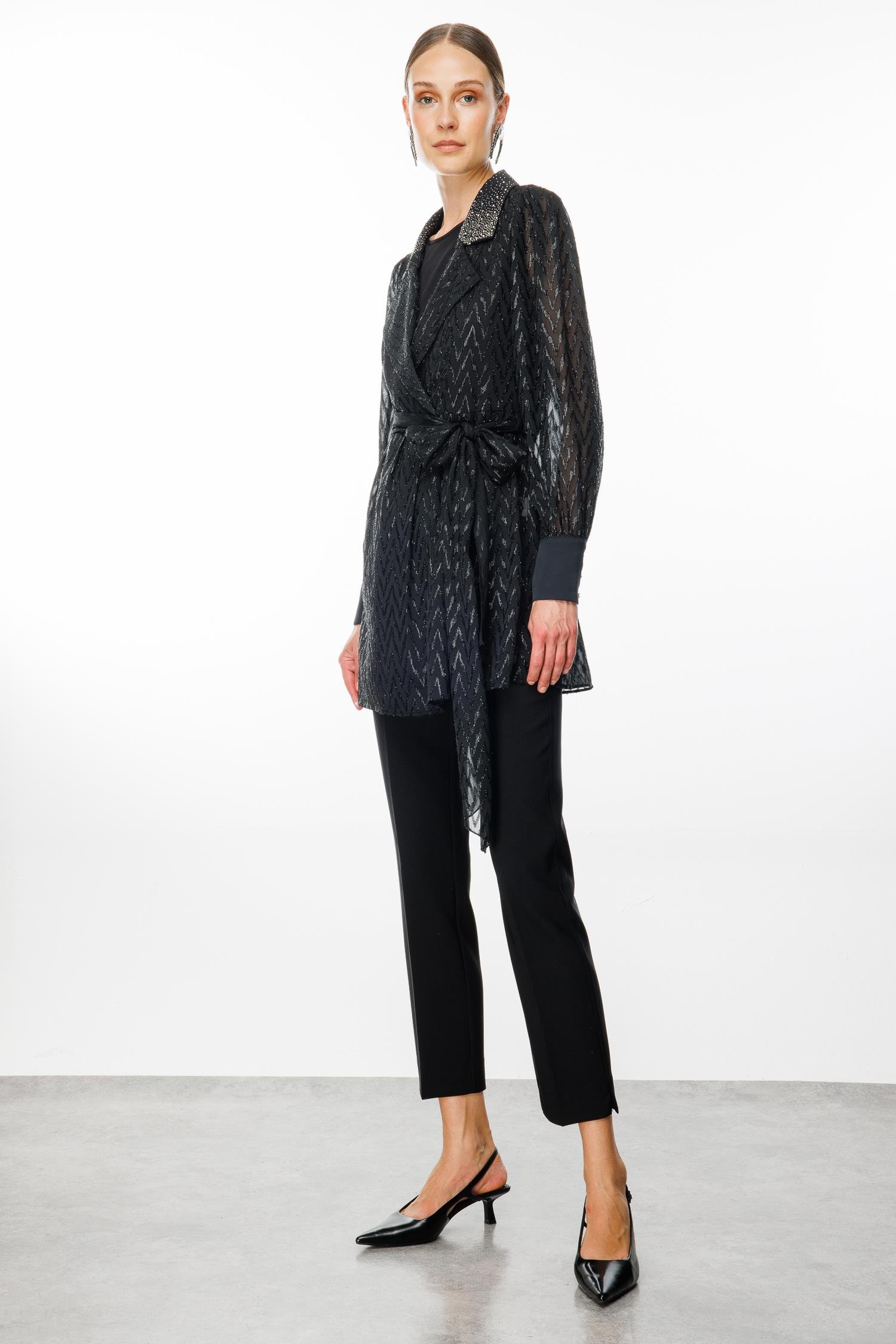 Modailgi  Yakası Taşlı Simli Jakar Uzun Organze Tunik Siyah