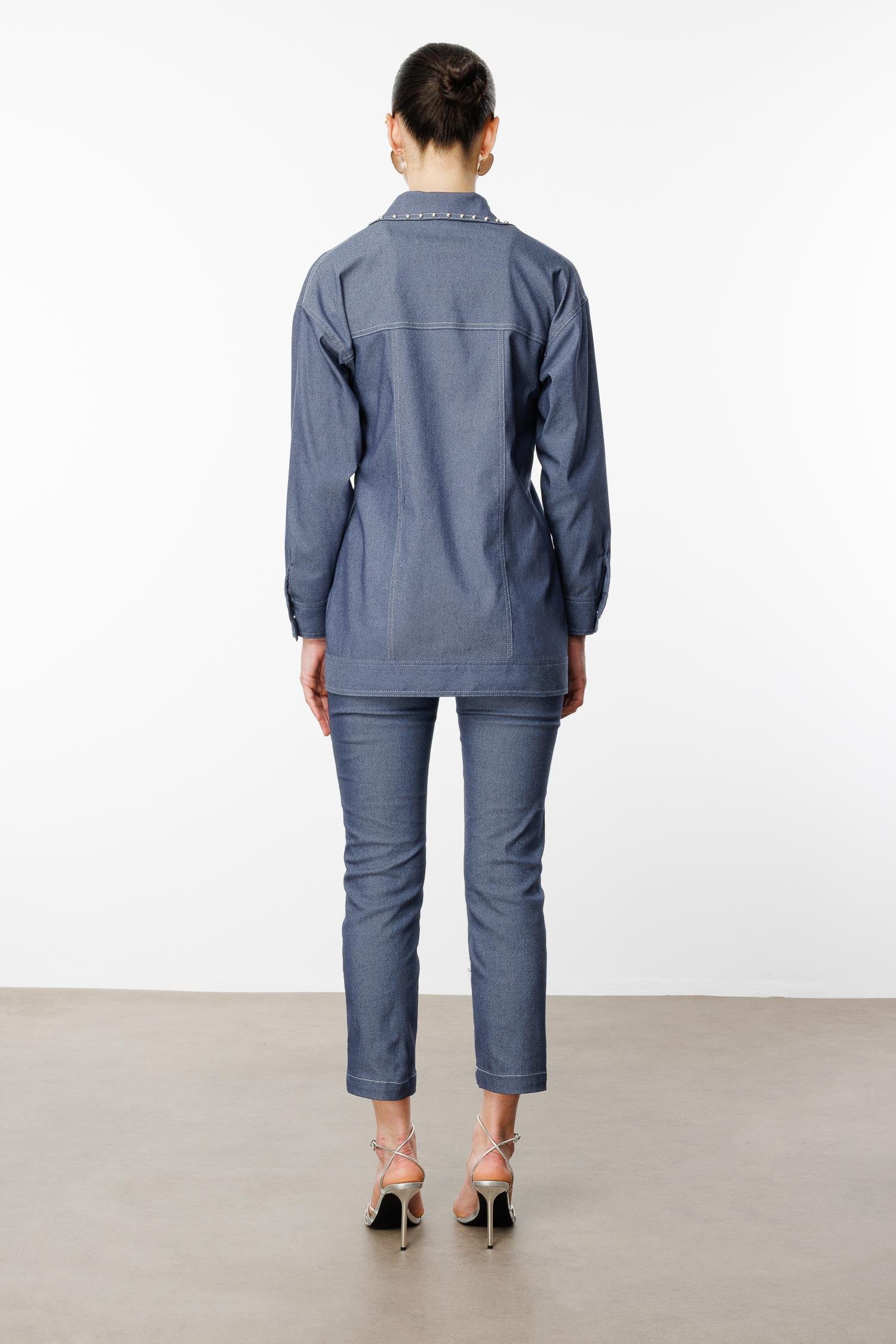 Modailgi  Yakası ve Cep Torbaları Zımba Detaylı Uzun Spor Ceket İndigo