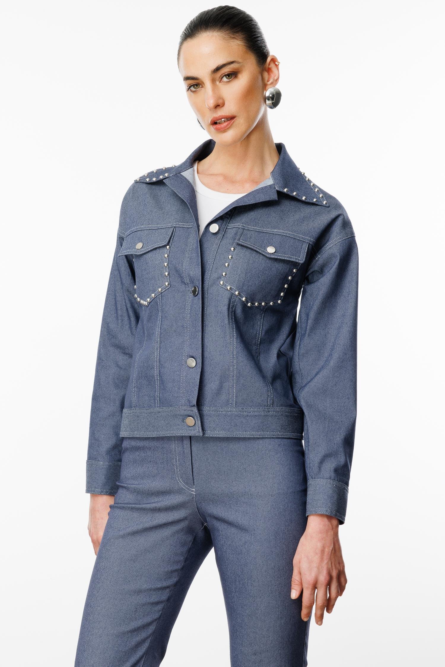 Modailgi  Yakası ve Cep Torbaları Zımba Detaylı Kısa Spor Ceket İndigo