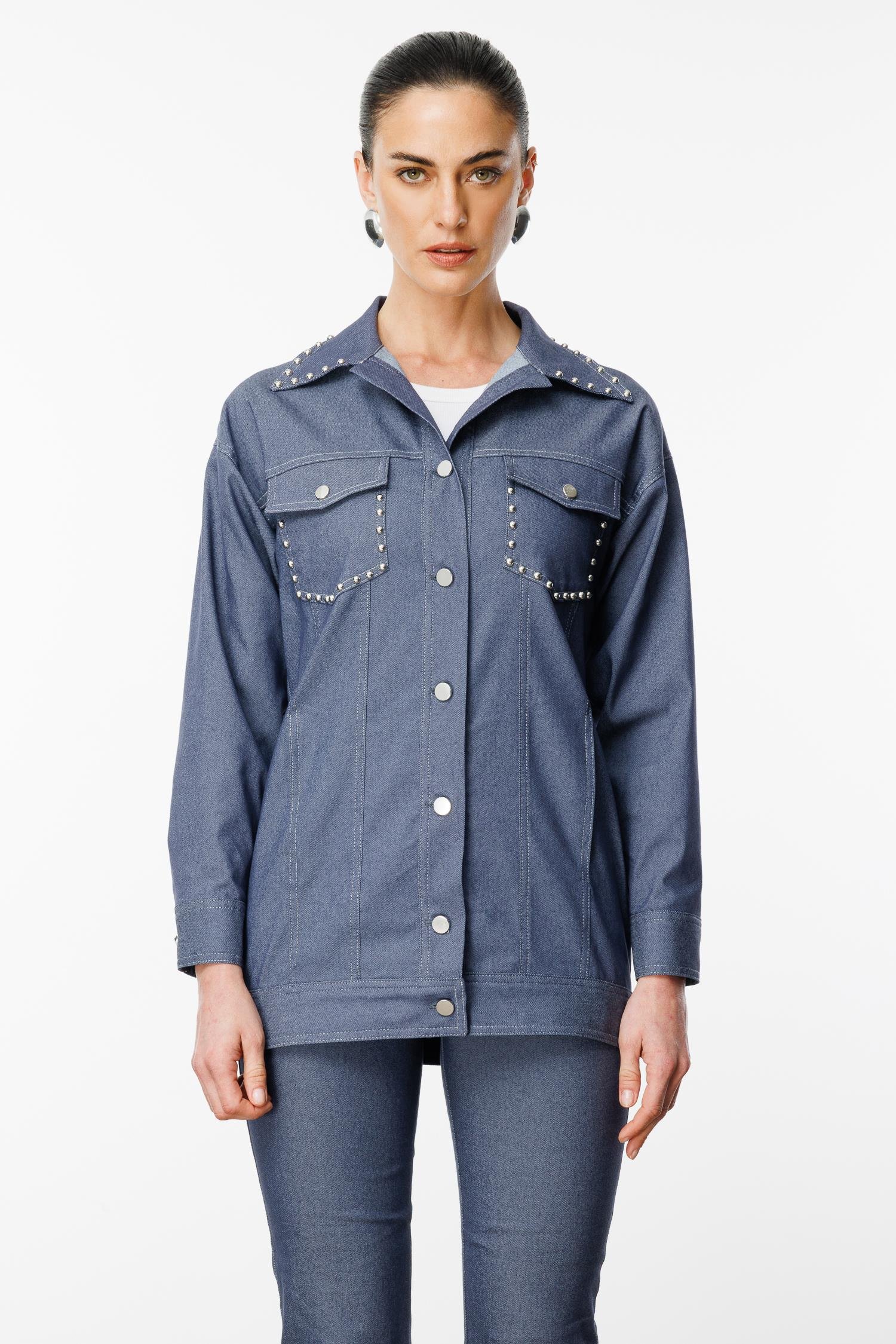 Modailgi  Yakası ve Cep Torbaları Zımba Detaylı Uzun Spor Ceket İndigo