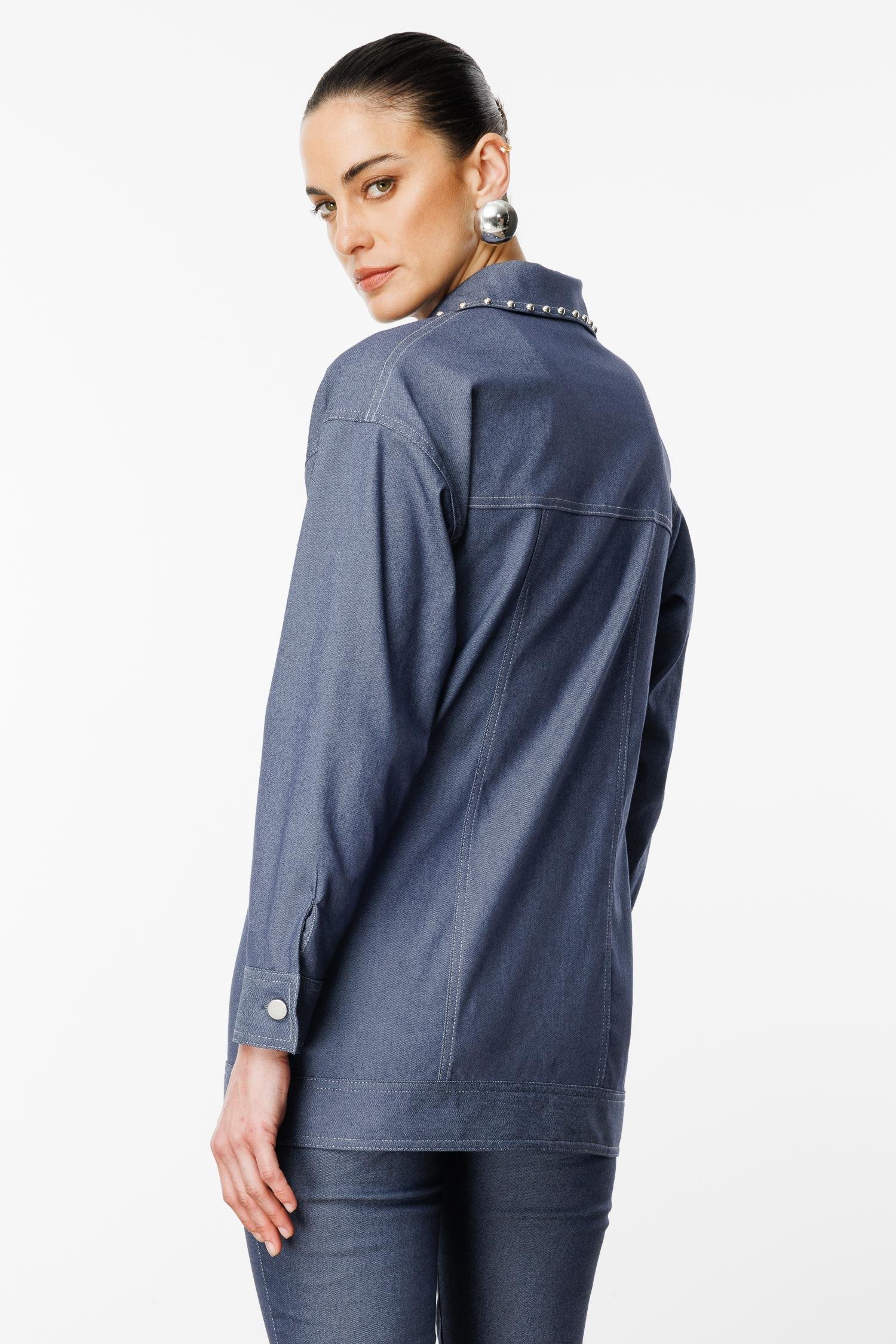 Modailgi  Yakası ve Cep Torbaları Zımba Detaylı Uzun Spor Ceket İndigo