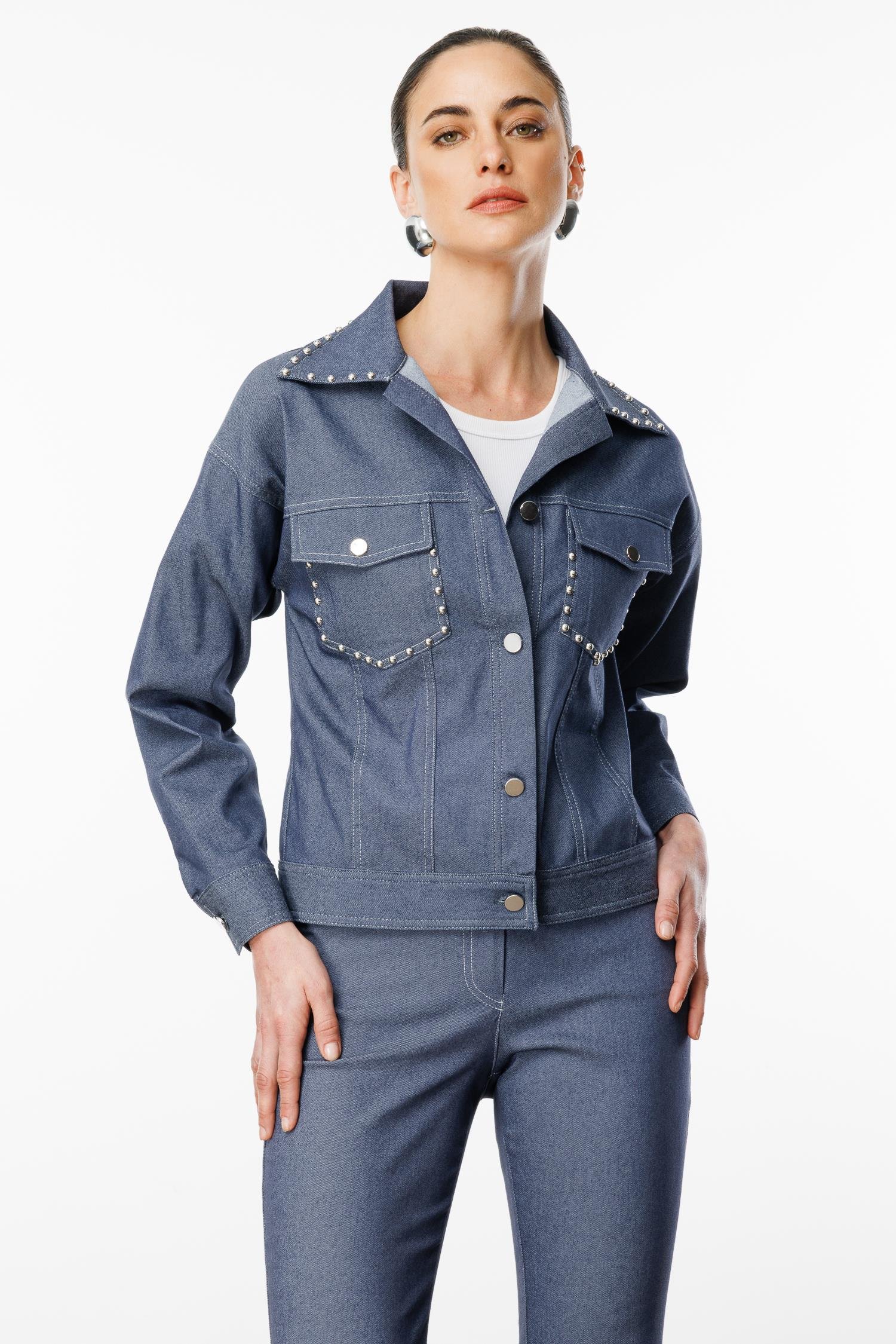 Modailgi  Yakası ve Cep Torbaları Zımba Detaylı Kısa Spor Ceket İndigo