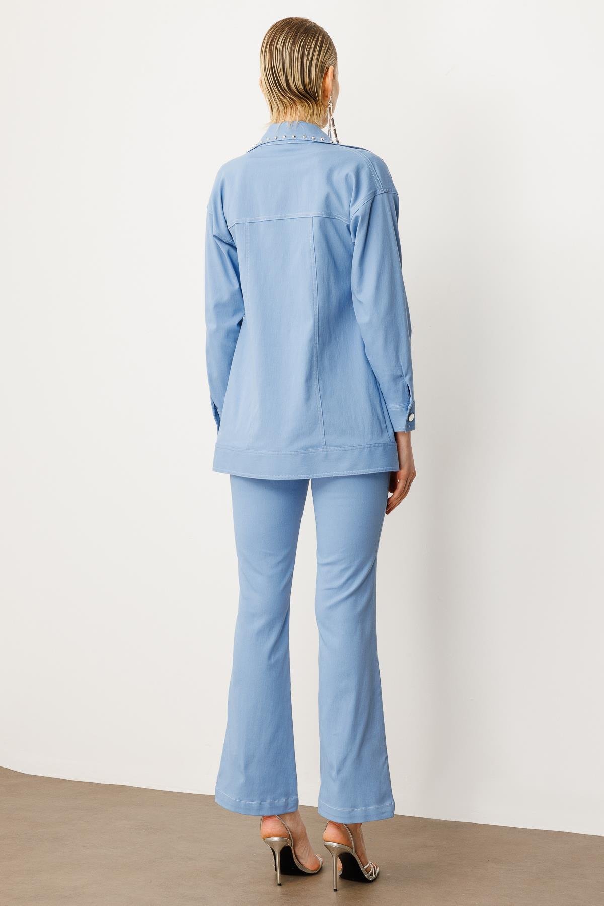 Modailgi  Yakası ve Cep Torbaları Zımba Detaylı Uzun Spor Ceket Mavi