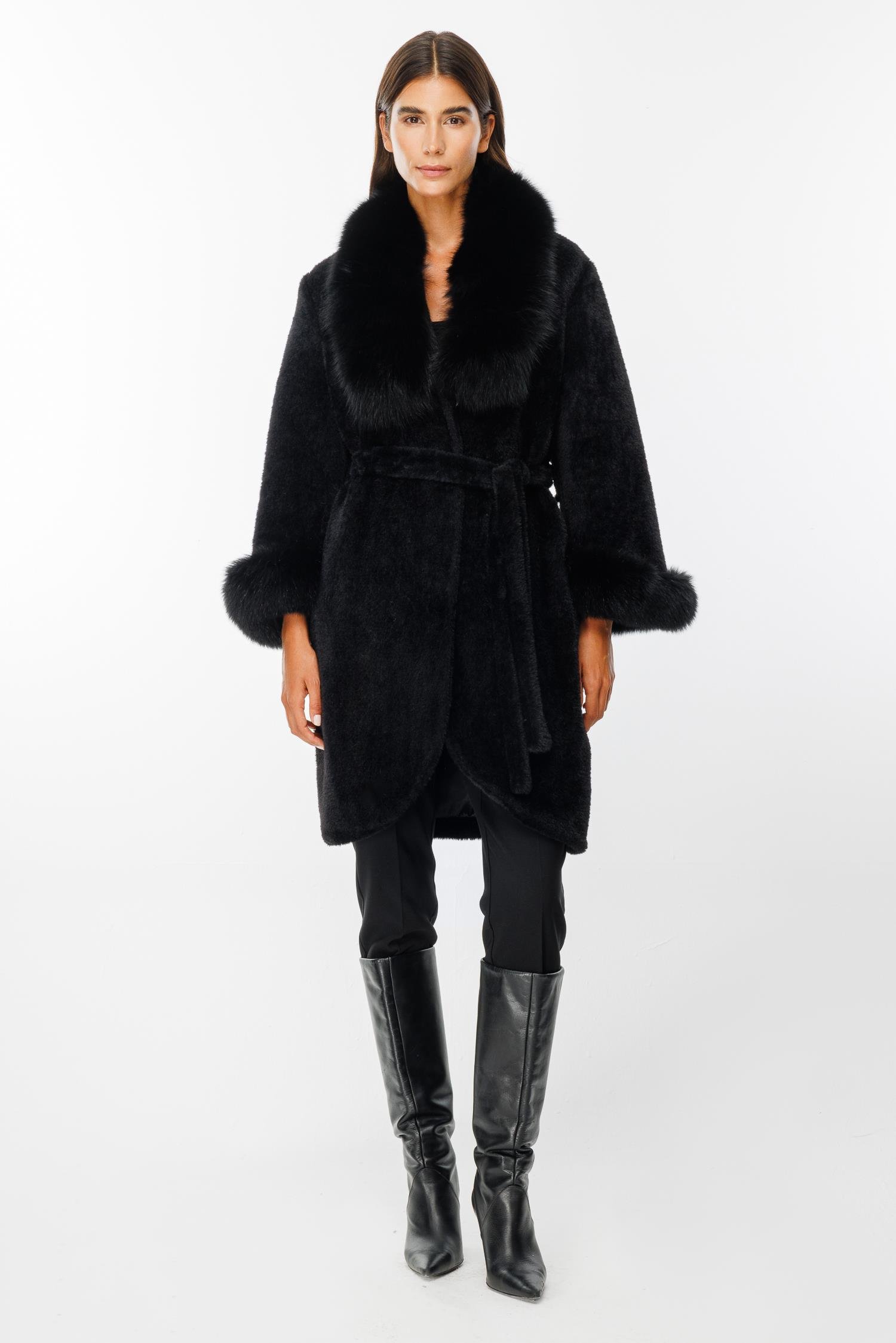 Modailgi  Yakası ve Kol Manşeti Orijinal Kürklü Beli Kuşaklı Alcantara Kaban Siyah