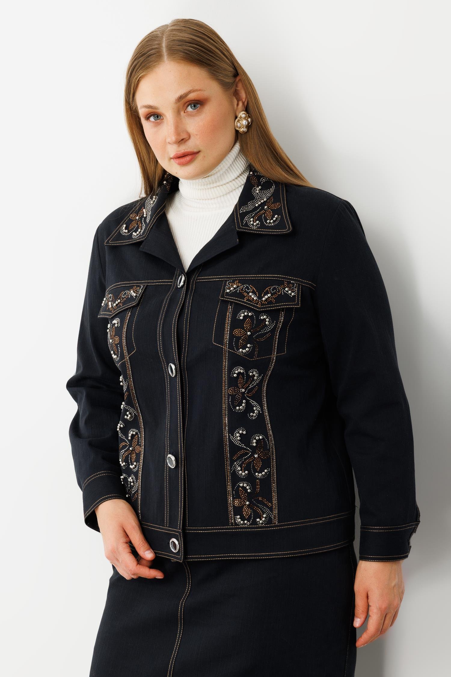 Modailgi  Yakası Ve Ön Bedeni Taş Detaylı Önü Düğmeli Denim Ceket - 30068 Lacivert