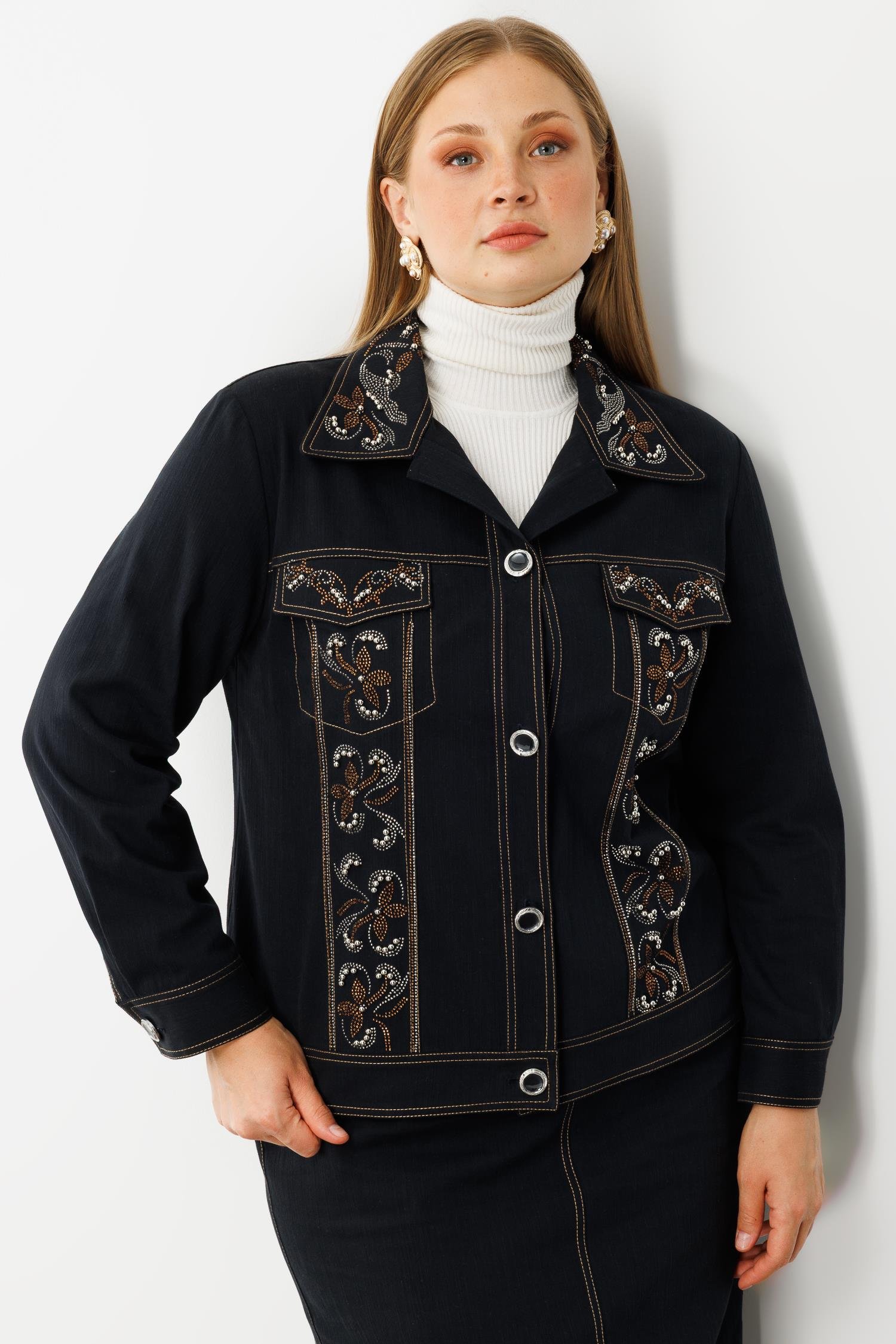 Modailgi  Yakası Ve Ön Bedeni Taş Detaylı Önü Düğmeli Denim Ceket - 30068 Lacivert