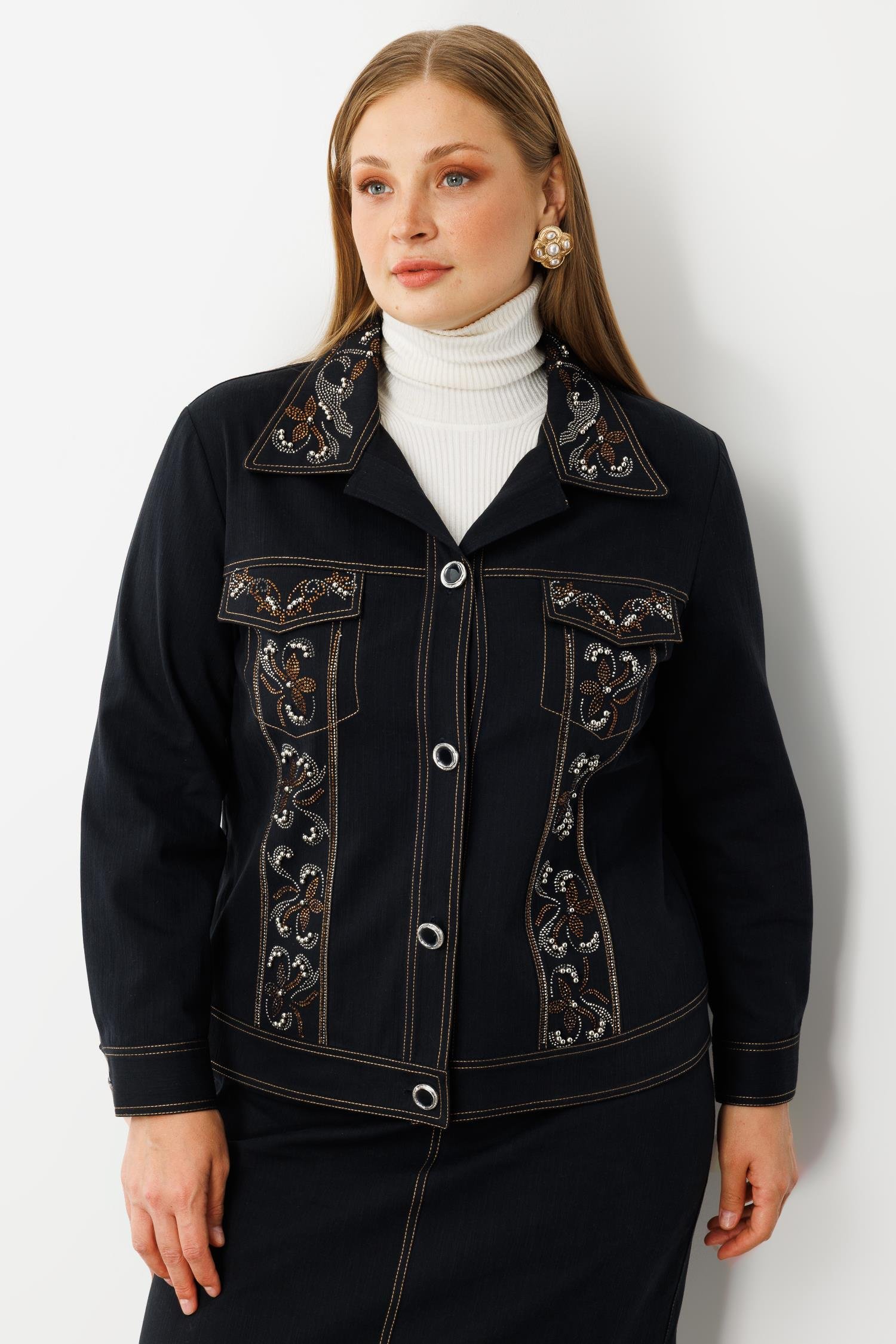 Modailgi  Yakası Ve Ön Bedeni Taş Detaylı Önü Düğmeli Denim Ceket - 30068 Lacivert