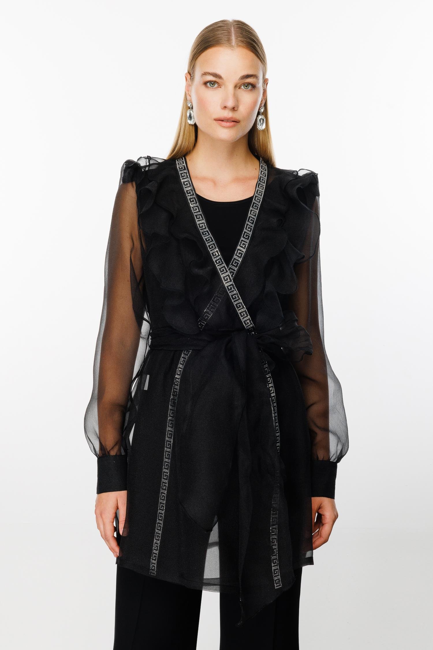 Modailgi  Yakası Volanlı Organze Uzun Tunik Siyah