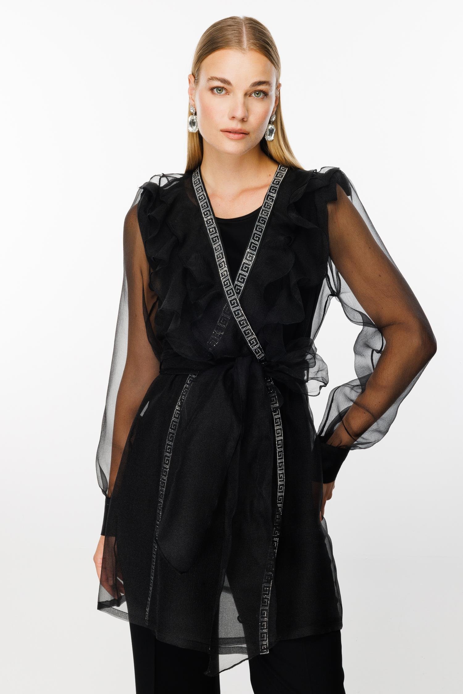 Modailgi  Yakası Volanlı Organze Uzun Tunik Siyah