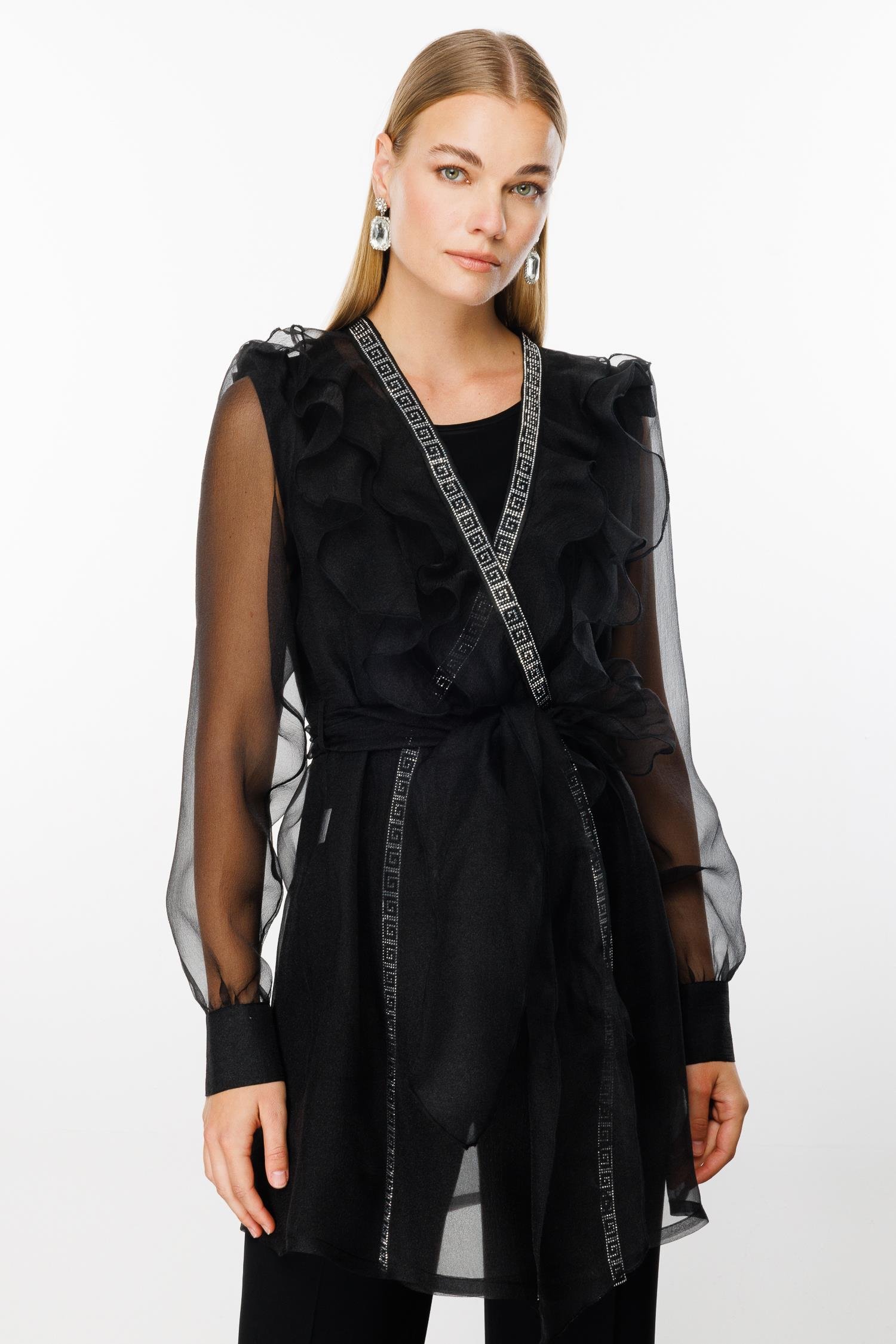 Modailgi  Yakası Volanlı Organze Uzun Tunik Siyah