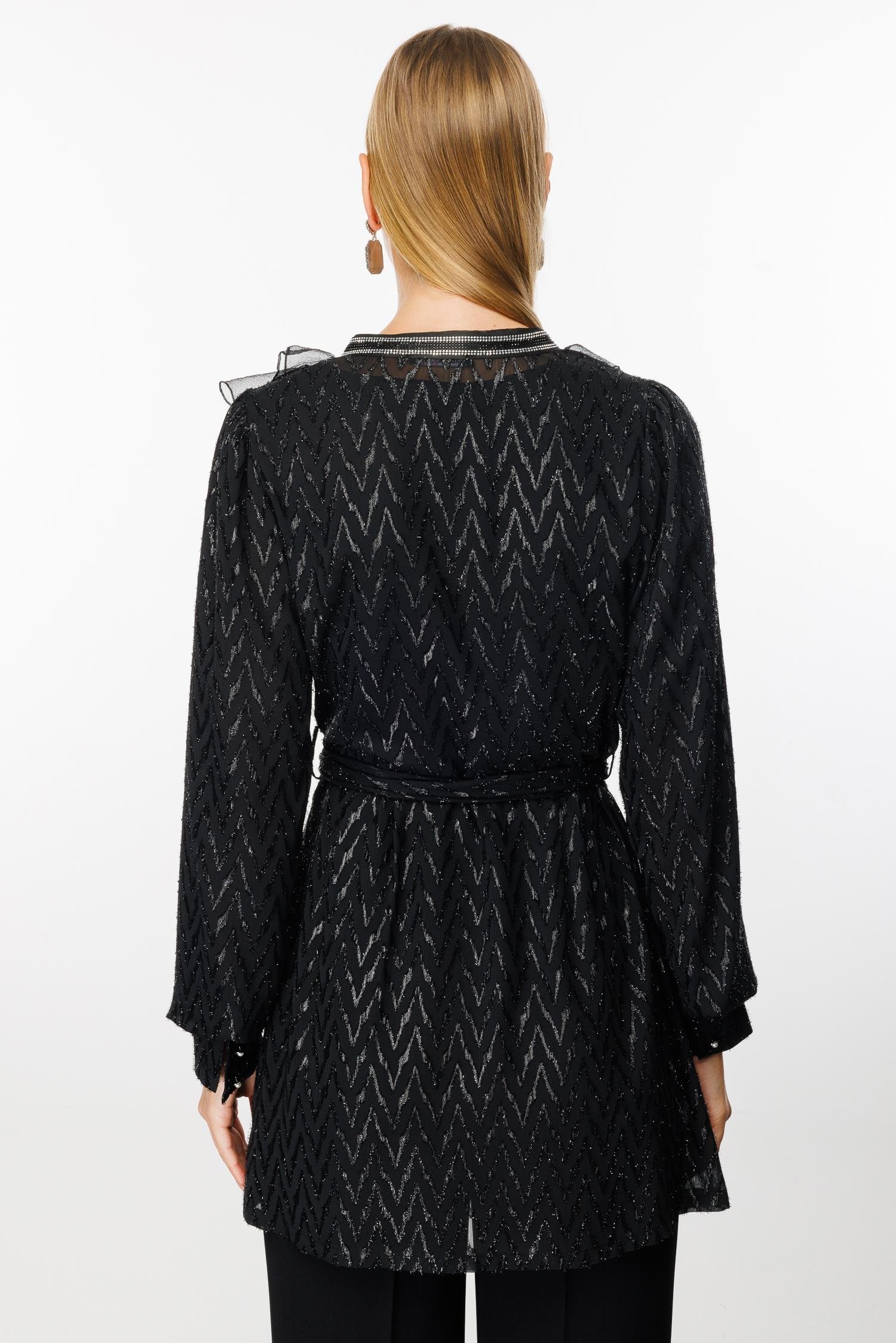 Modailgi  Yakası Volanlı Simli Jakar Uzun Tunik Siyah
