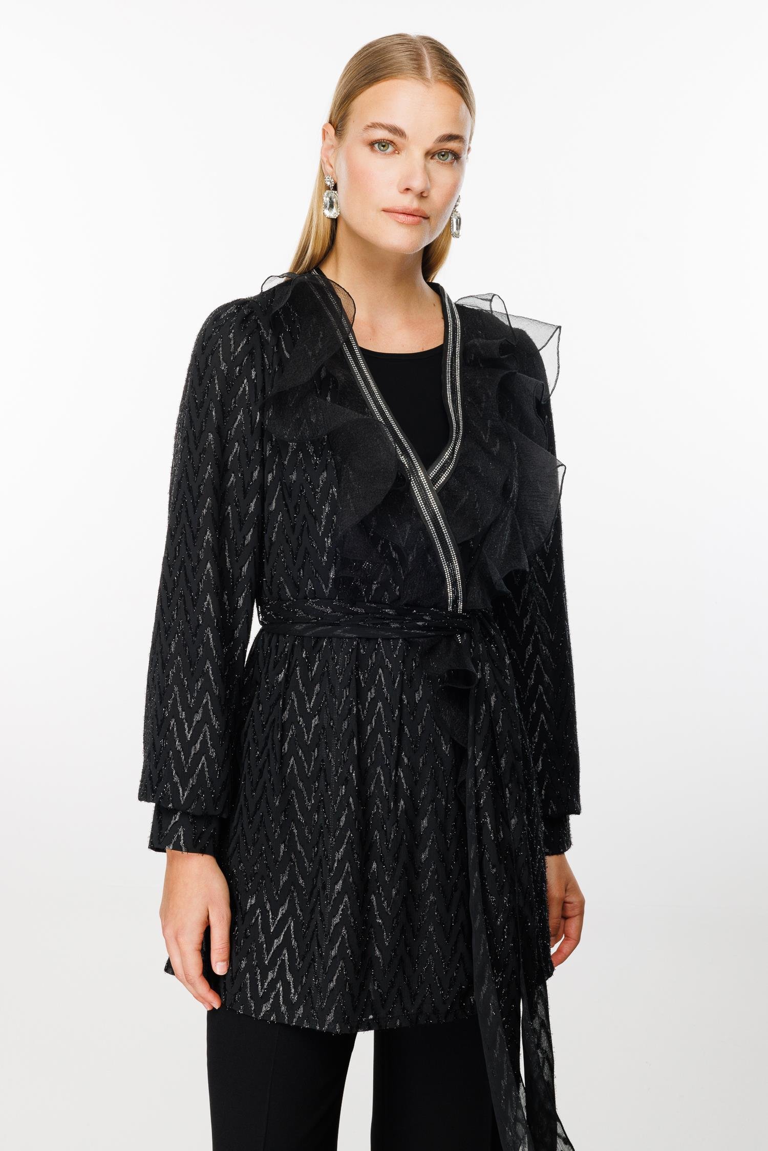 Modailgi  Yakası Volanlı Simli Jakar Uzun Tunik Siyah