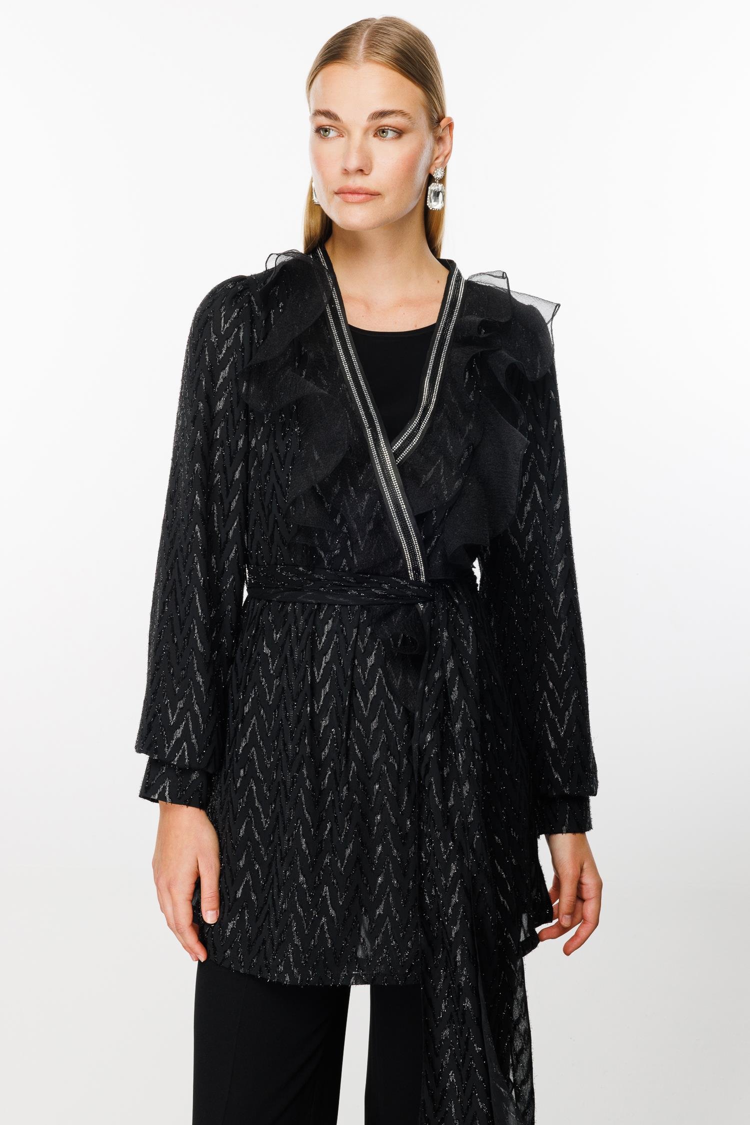 Modailgi  Yakası Volanlı Simli Jakar Uzun Tunik Siyah