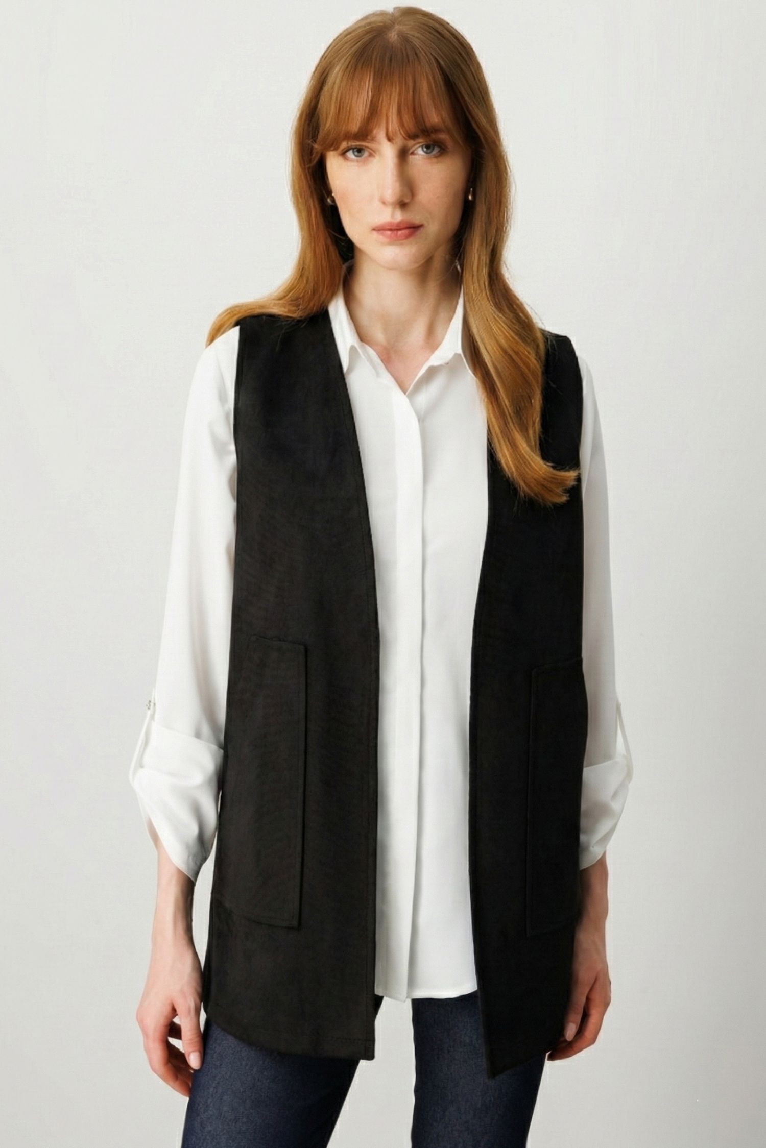 Modailgi  Yakasız Torba Cepli Yanları Lazer Kesim Şerit Detaylı Süet Yelek Siyah