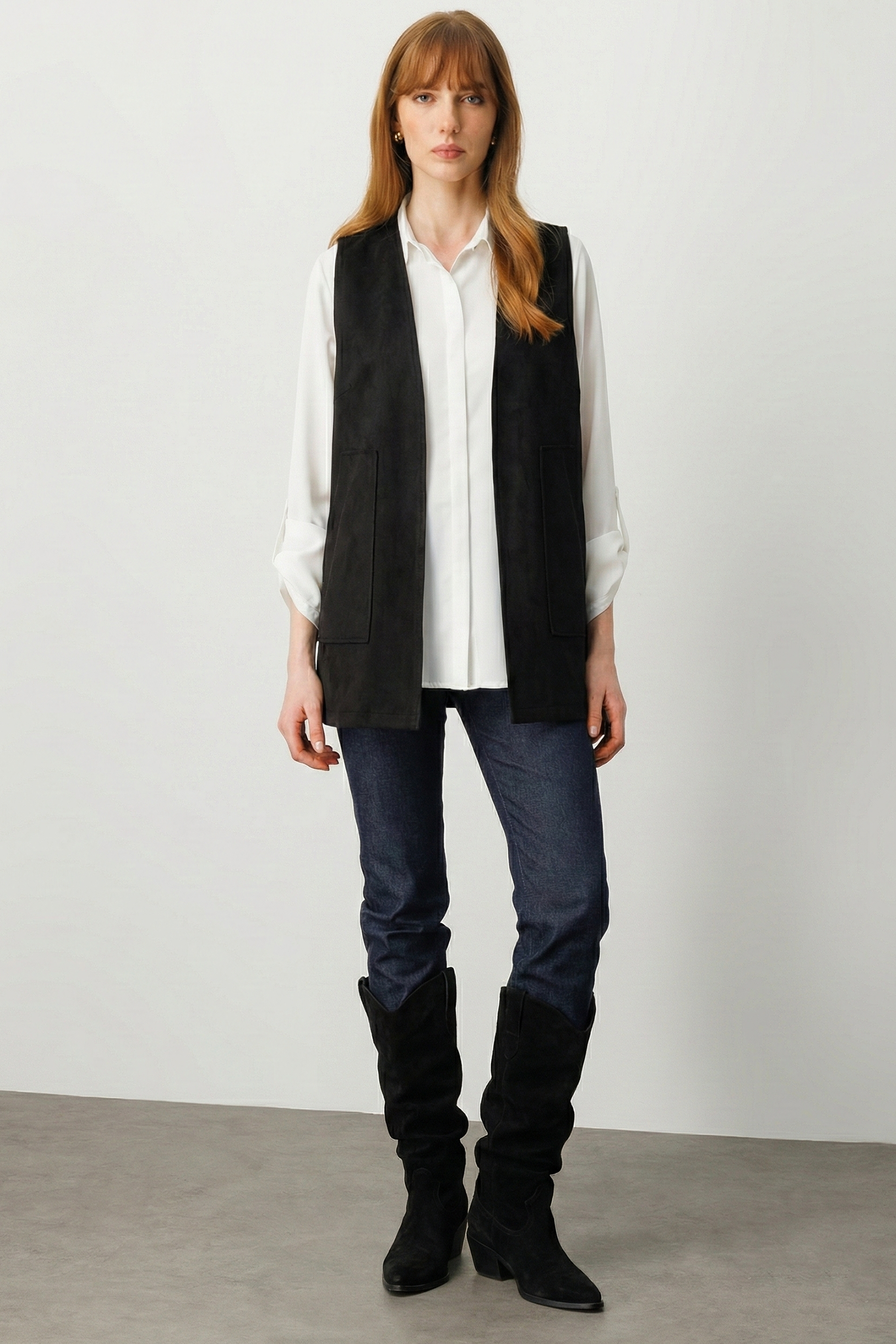 Modailgi  Yakasız Torba Cepli Yanları Lazer Kesim Şerit Detaylı Süet Yelek Siyah