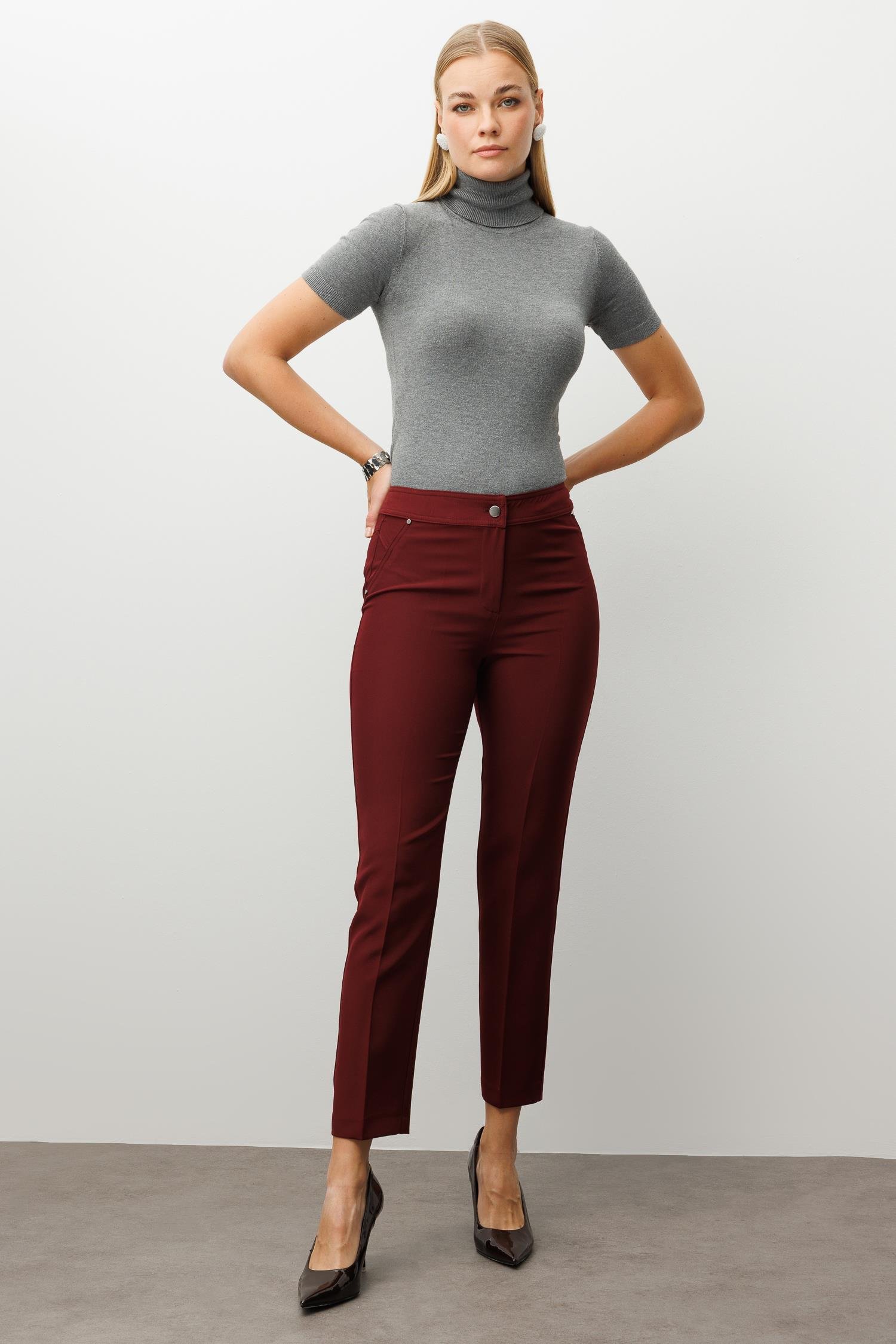 Modailgi  Yan Cep Dar Paça Pantolon Bordo