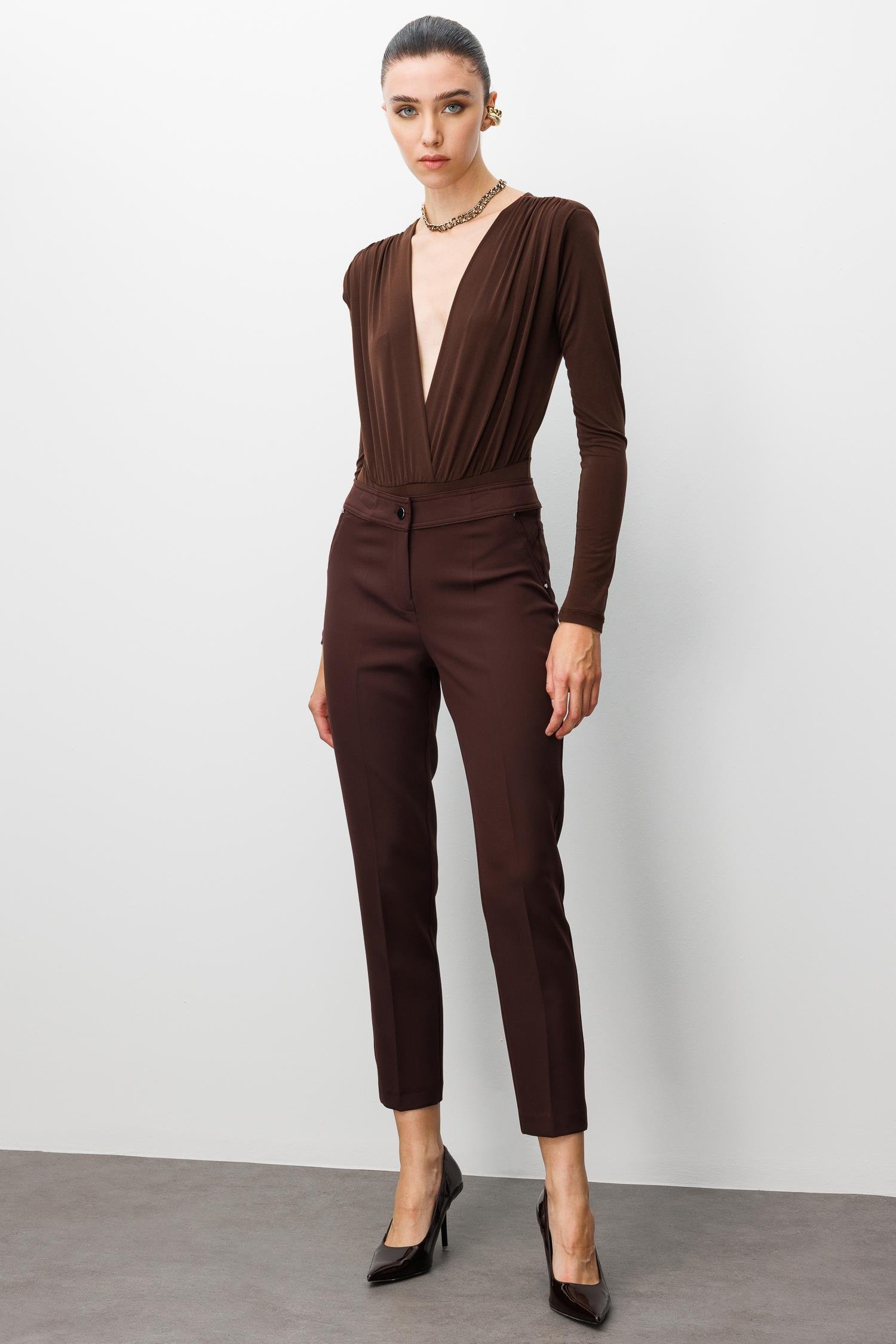 Modailgi  Yan Cep Dar Paça Pantolon Kahve