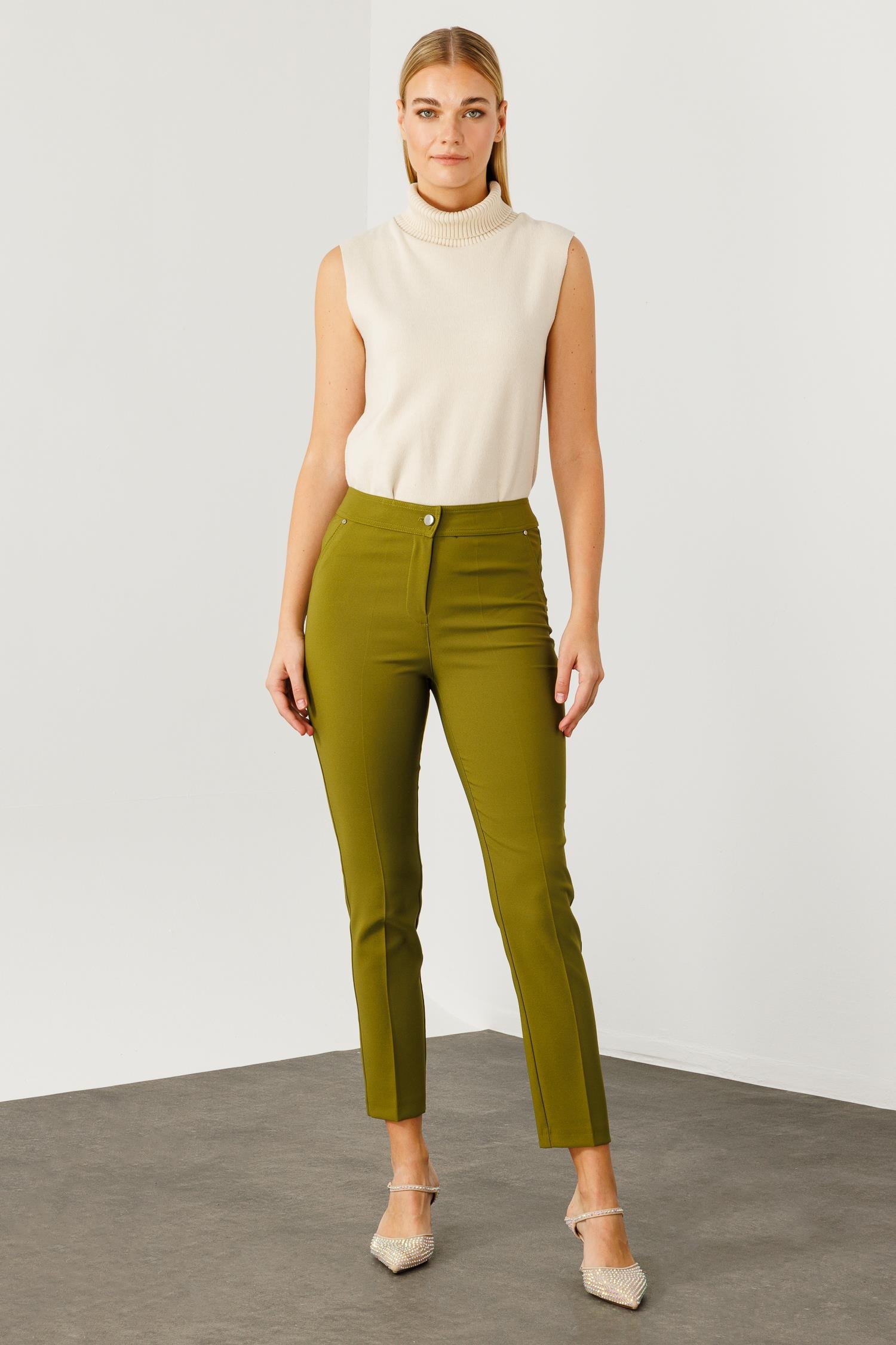Modailgi  Yan Cep Dar Paça Pantolon Olive