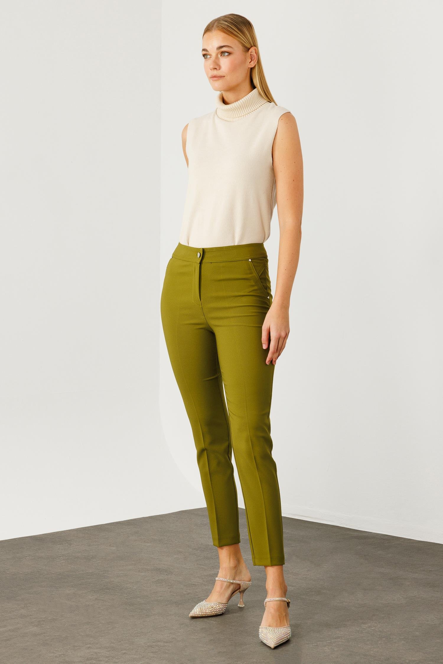 Modailgi  Yan Cep Dar Paça Pantolon Olive