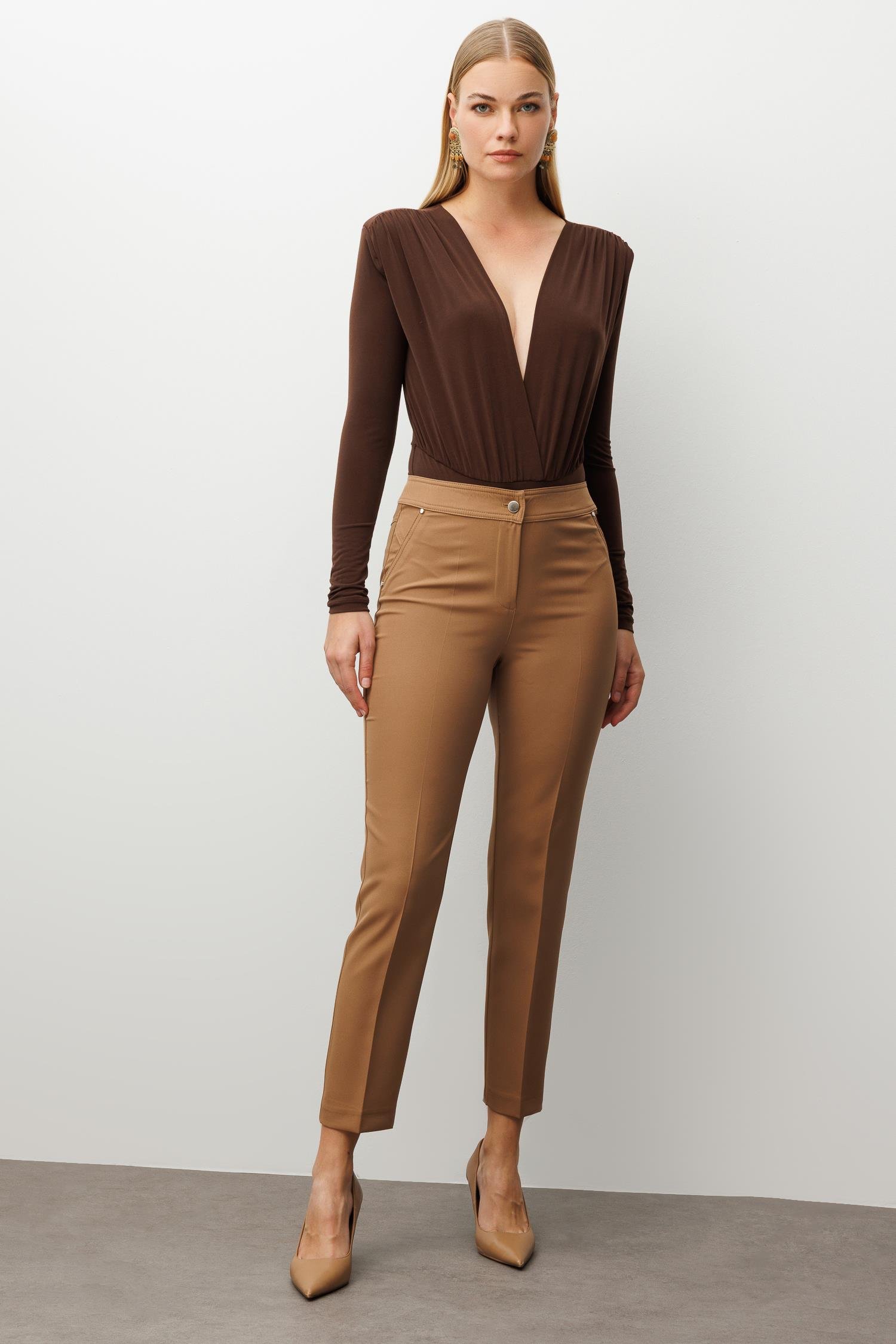 Modailgi  Yan Cep Dar Paça Pantolon Vizon