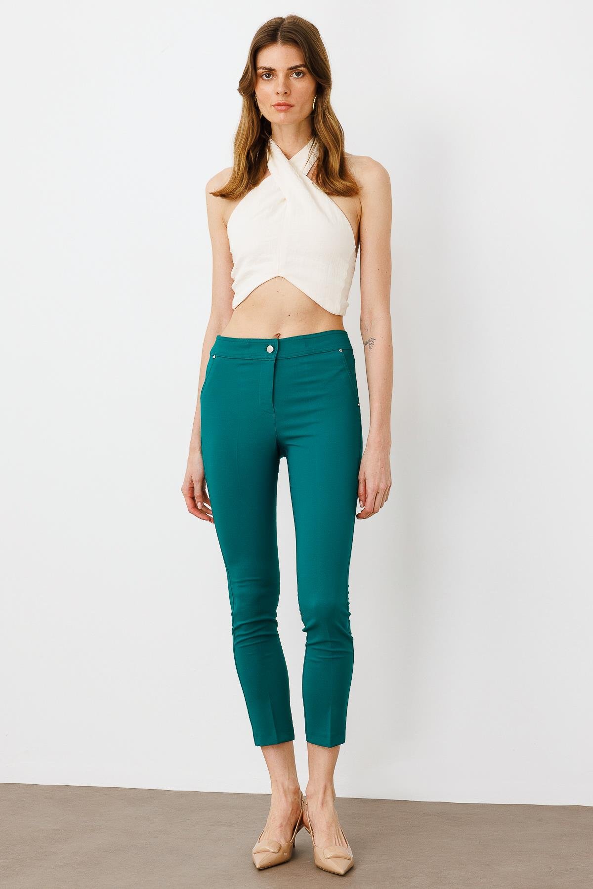 Modailgi  Yan Cep Dar Paça Pantolon Zümrüt