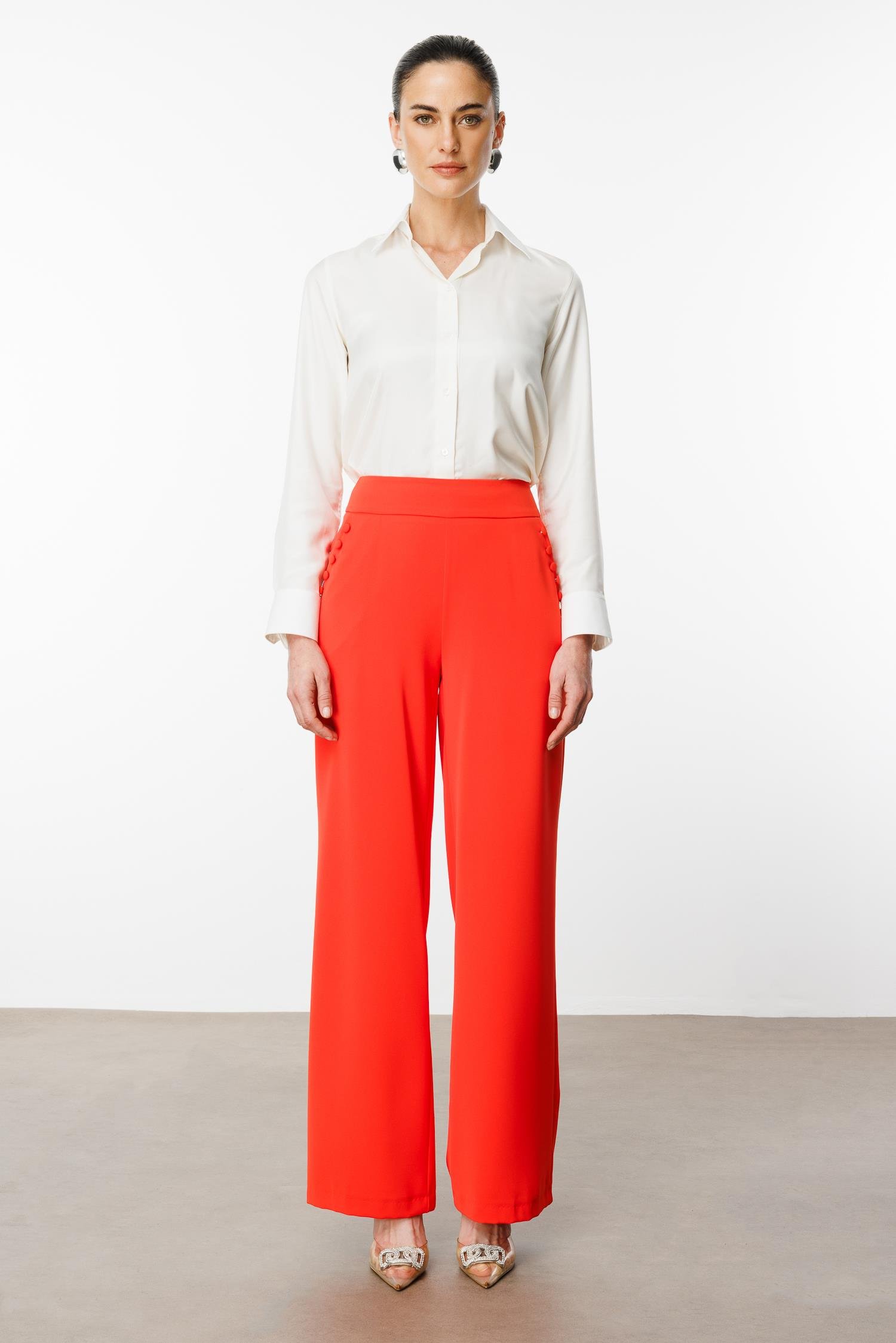 Modailgi  Yandan Cepli Düğme Detaylı Bol Paça Pantolon - 7964 Mercan