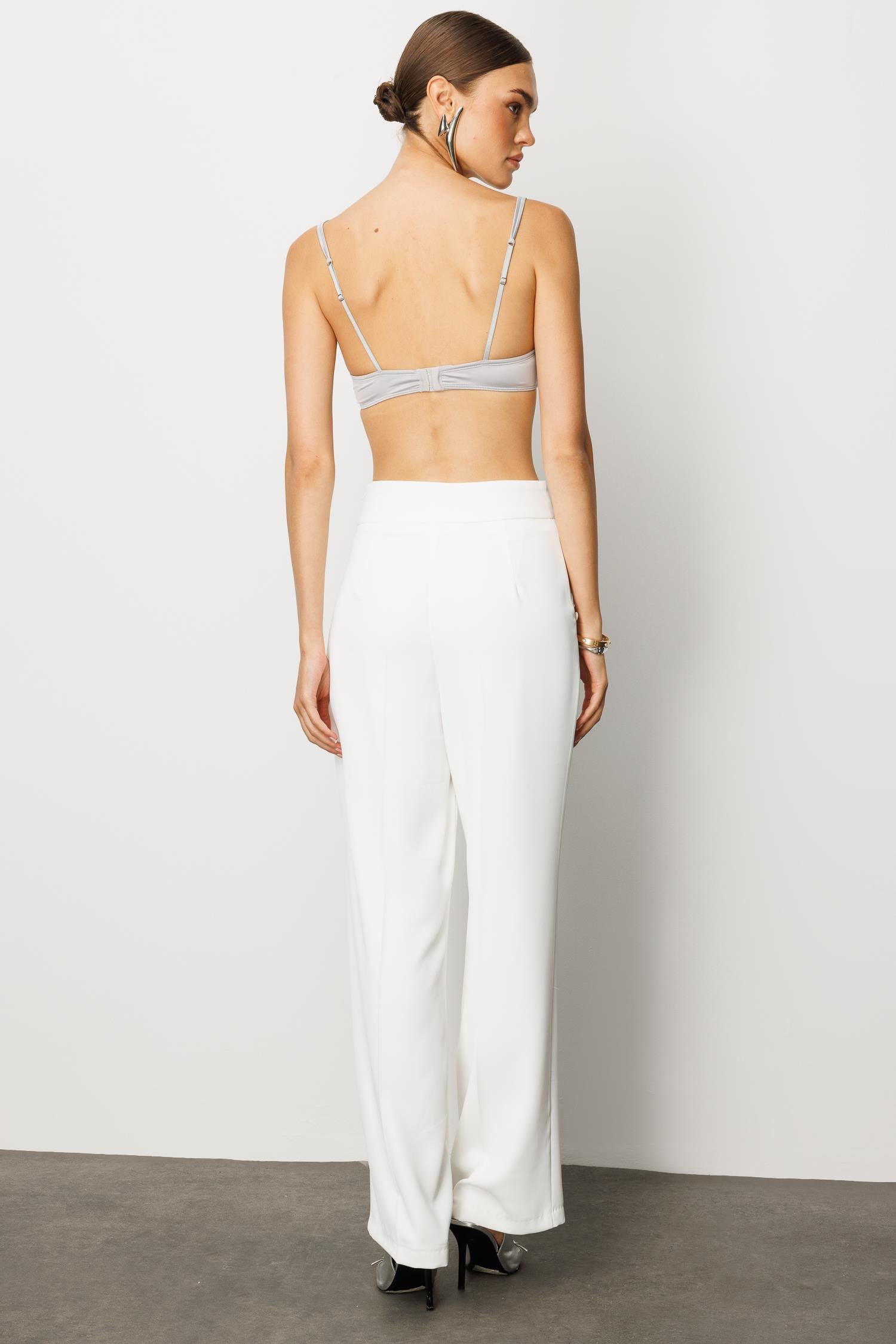 Modailgi  Yandan Cepli Düğme Detaylı Bol Paça Pantolon - 7964 Ekru