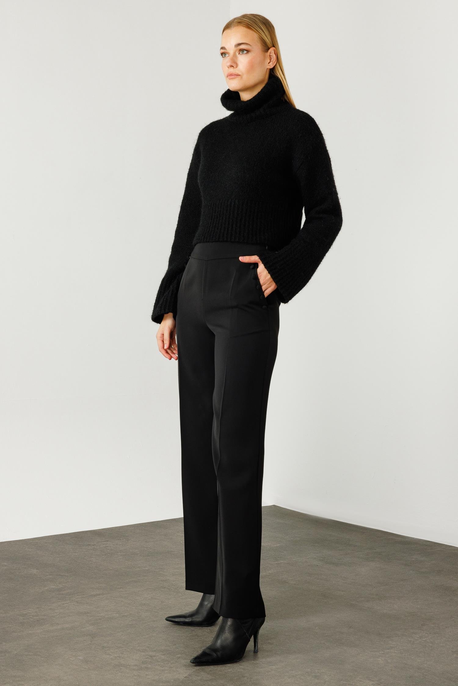 Modailgi  Yandan Cepli Düğme Detaylı Bol Paça Pantolon - 7964 Siyah