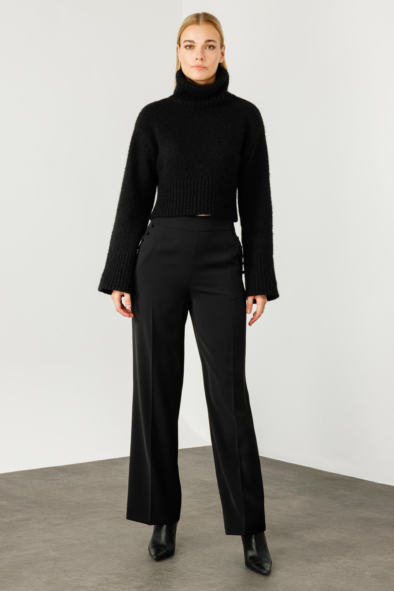 Modailgi  Yandan Cepli Düğme Detaylı Bol Paça Pantolon - 7964 Siyah