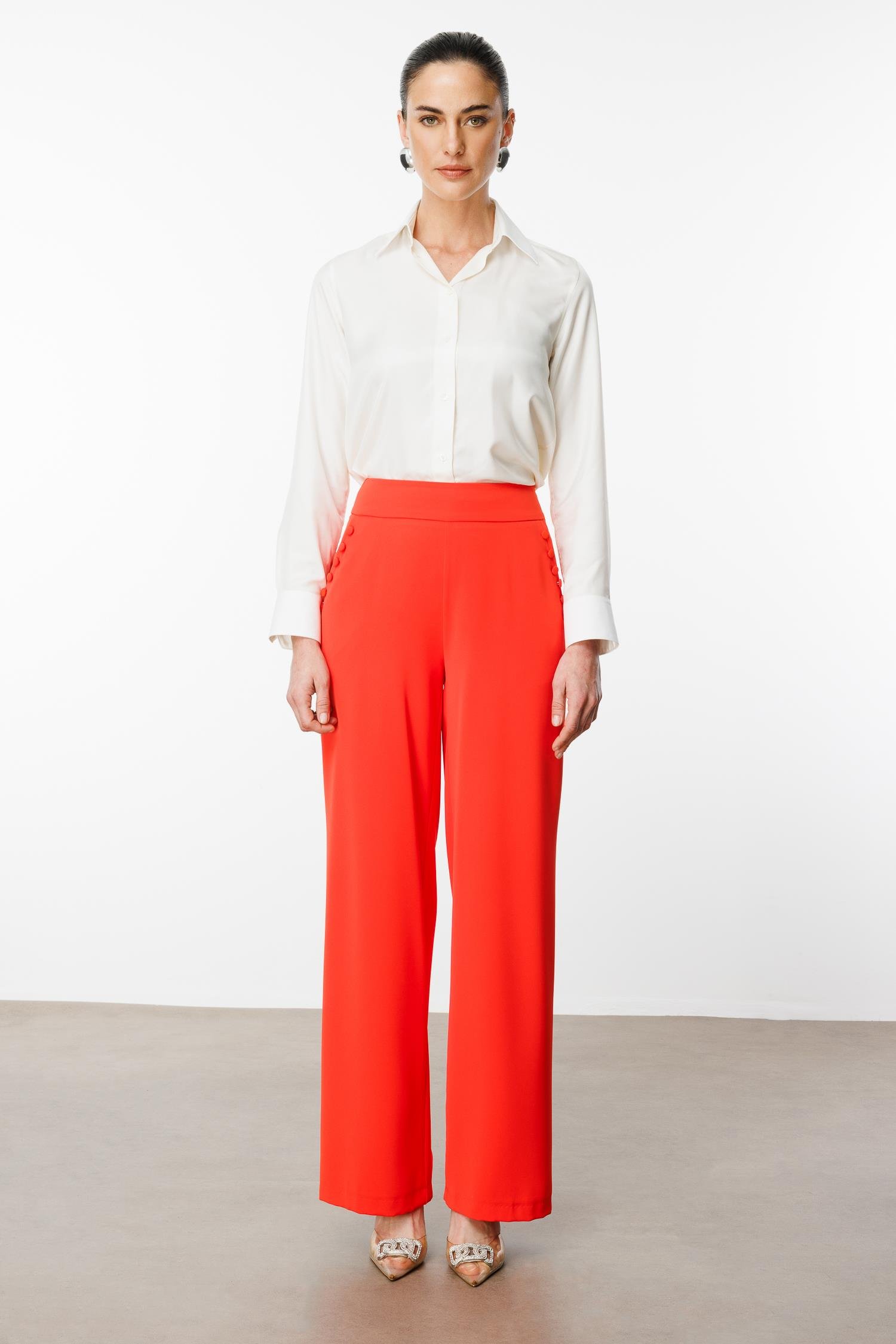 Modailgi  Yandan Cepli Düğme Detaylı Bol Paça Pantolon - 7964 Mercan