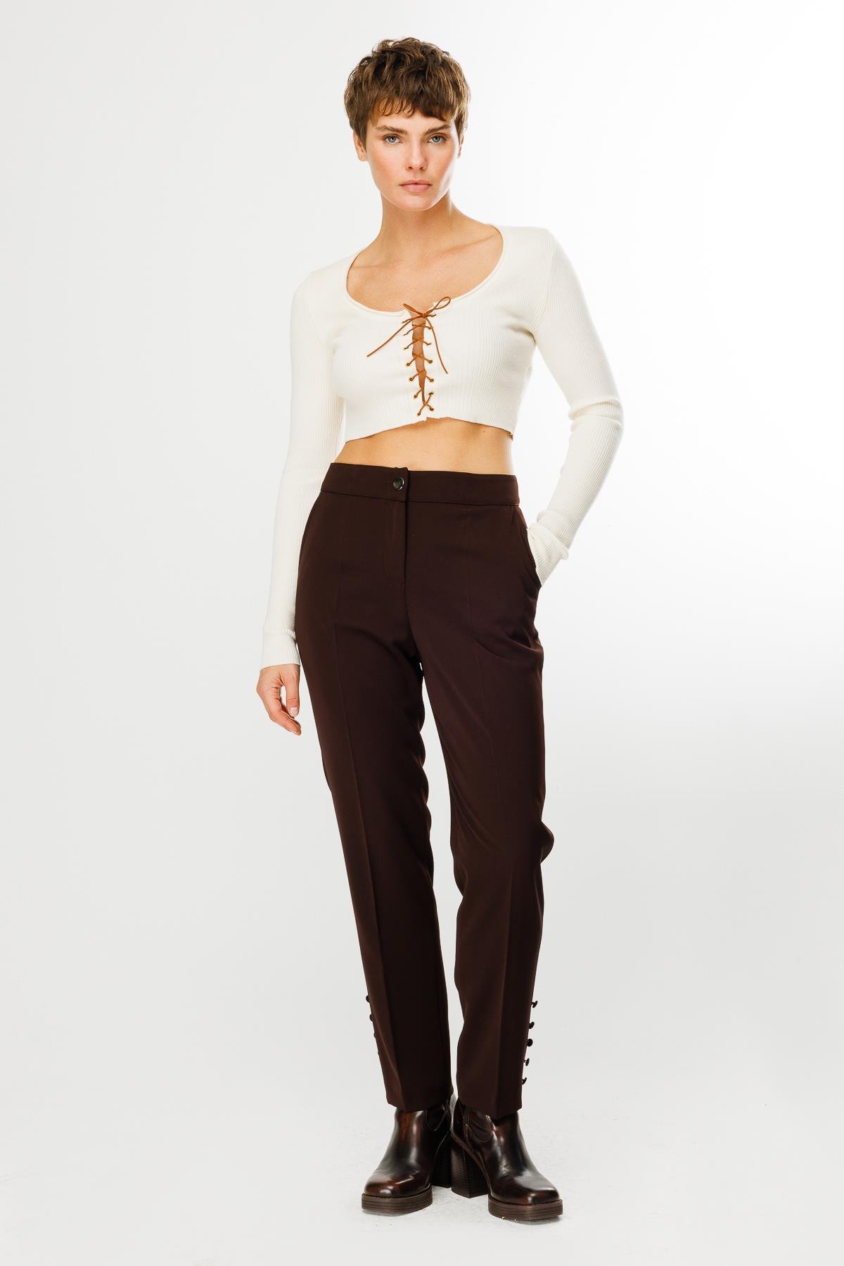 Modailgi  Yandan Cepli Paçası Düğme Detaylı Pantolon - 7061 Kahve