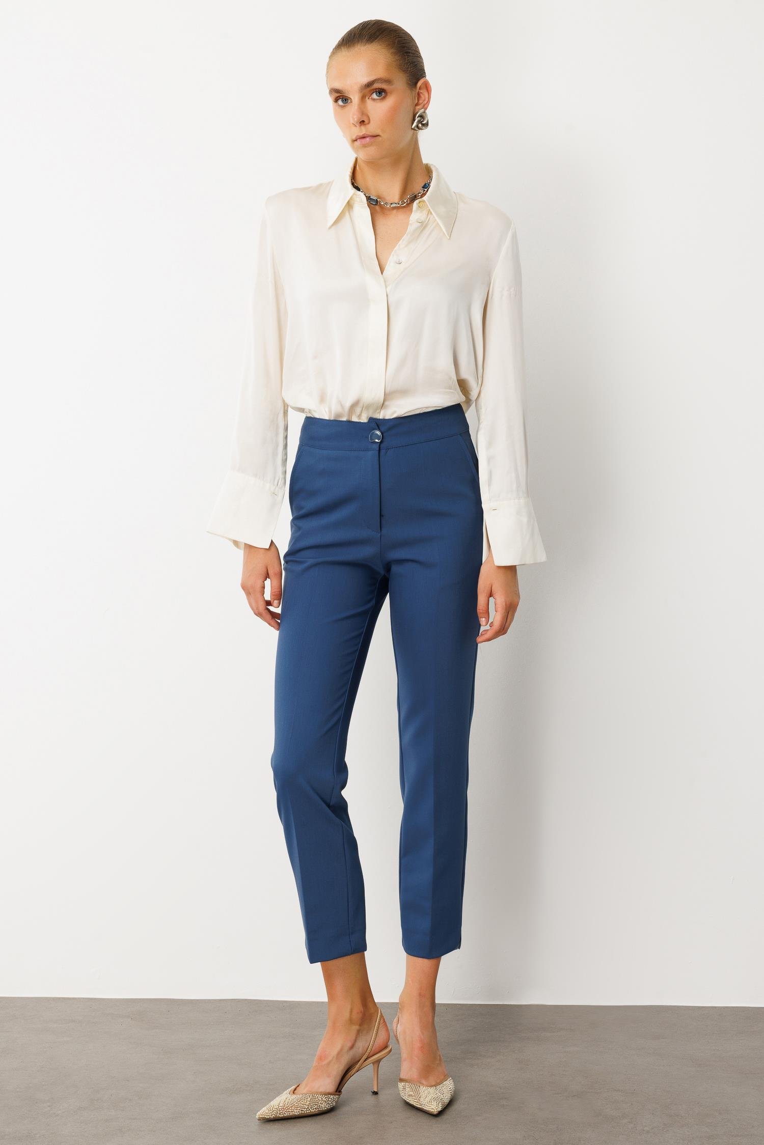 Modailgi  Yandan Cepli Paçası Yırtmaçlı Sigara Paça Pantolon - 70008 Petrol Mavisi