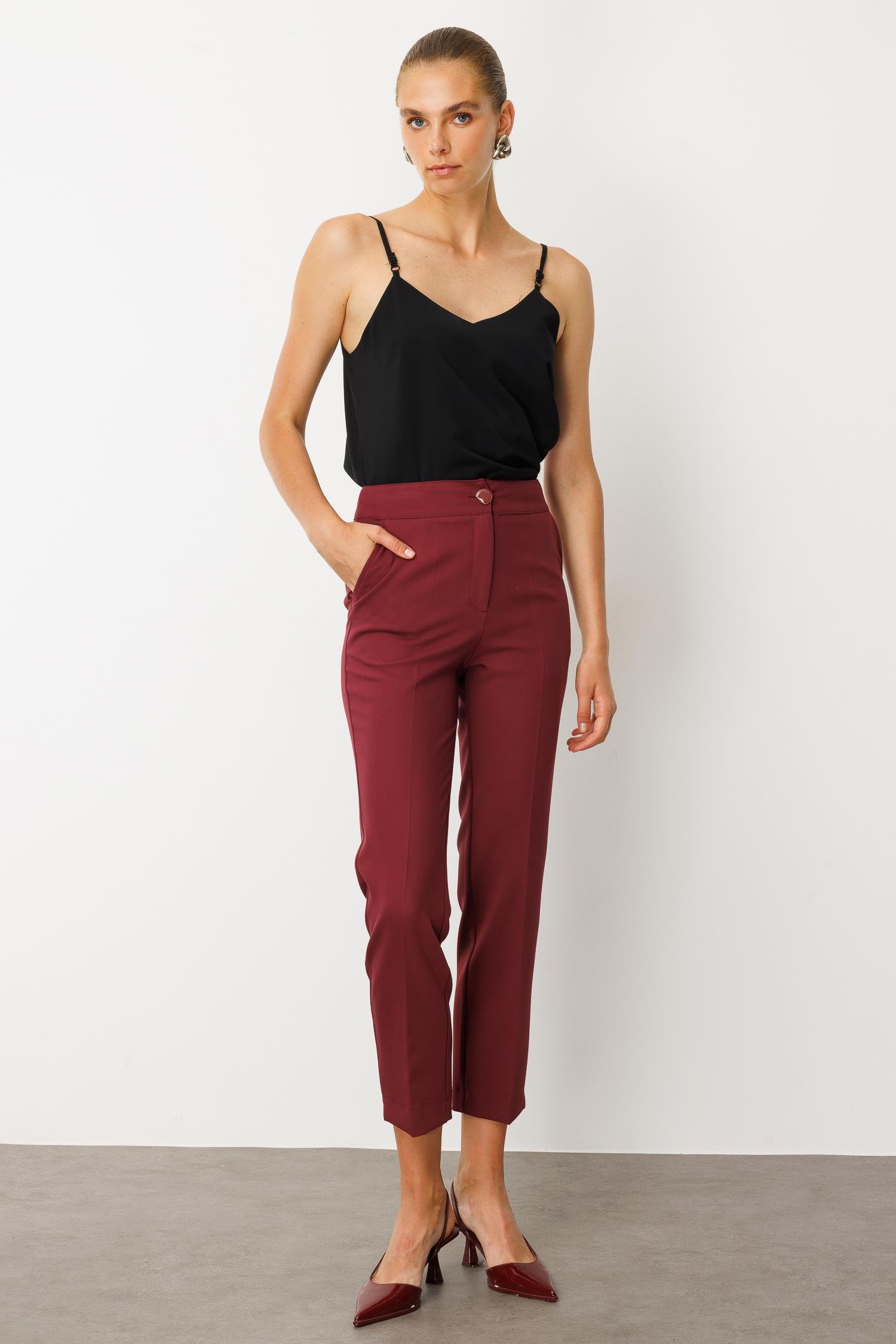 Modailgi  Yandan Cepli Paçası Yırtmaçlı Sigara Paça Pantolon - 70008 Bordo