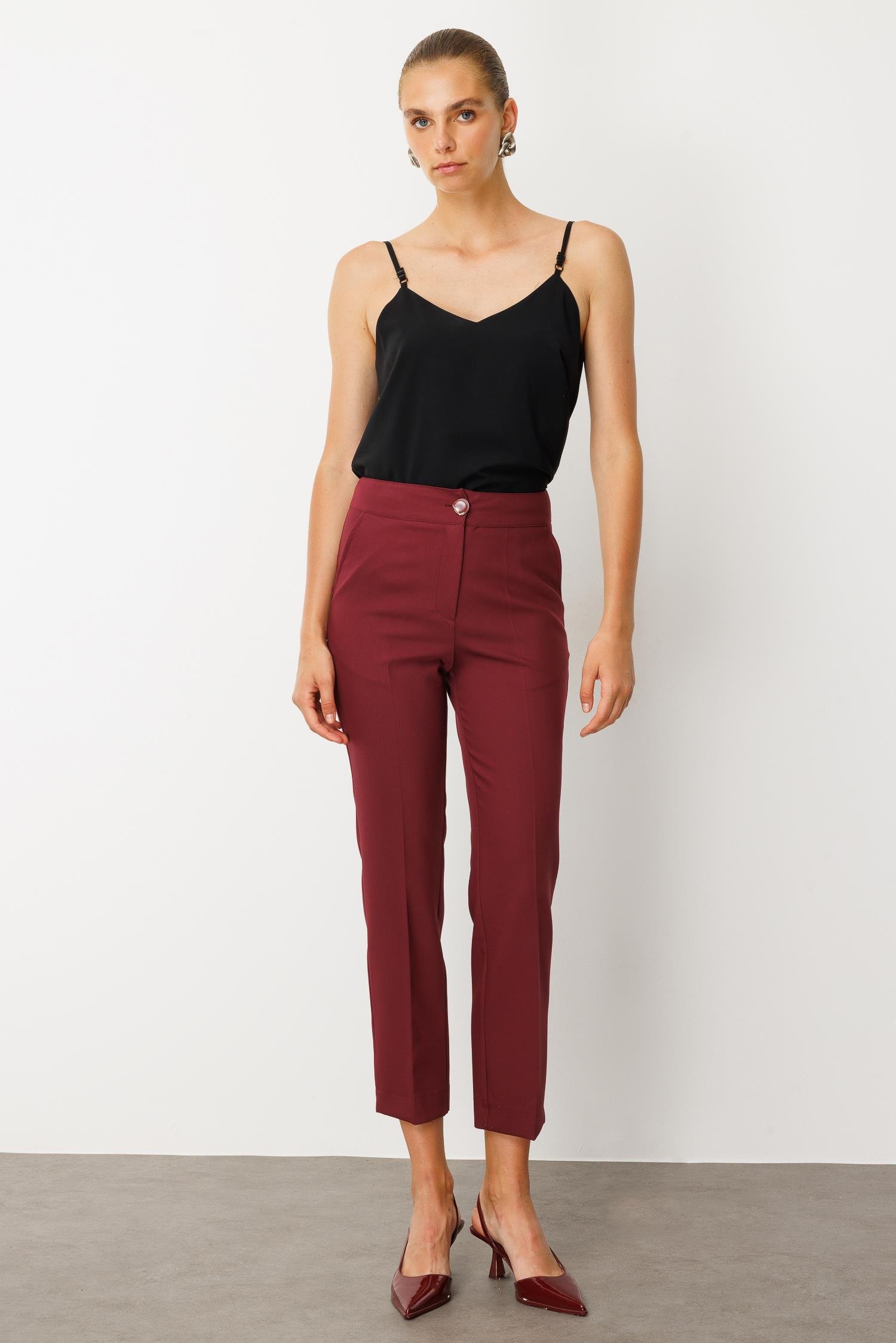 Modailgi  Yandan Cepli Paçası Yırtmaçlı Sigara Paça Pantolon - 70008 Bordo