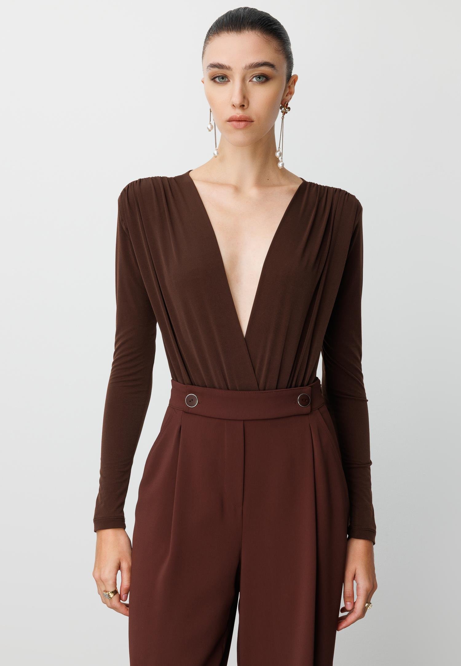 Modailgi  Yandan Cepli Pileli Kemeri Parçalamalı Ve Düğme Detaylı Plazzo Pantolon - 70030 Kahve