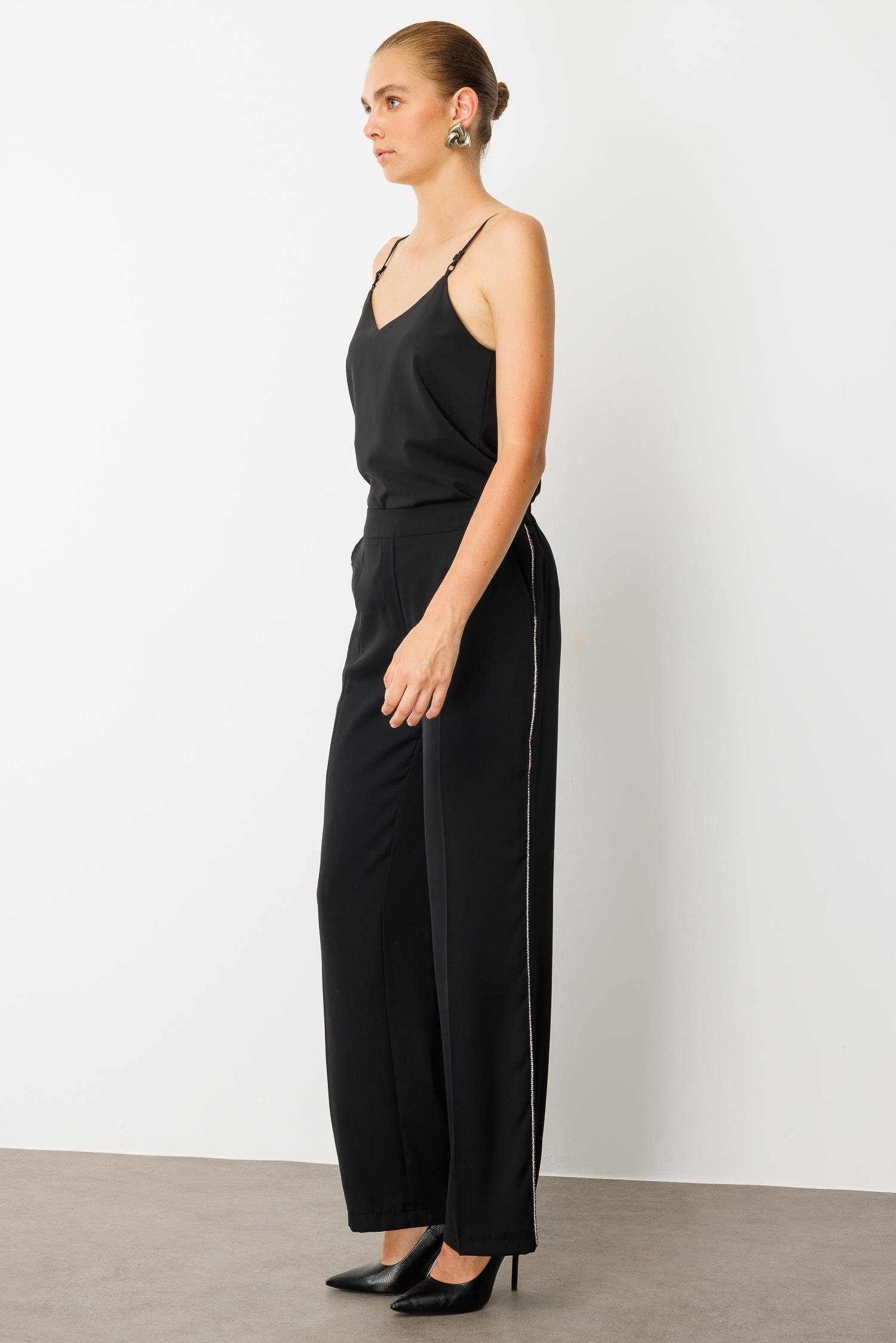 Modailgi  Yanı Taş Şerit Pantolon -10002 Siyah