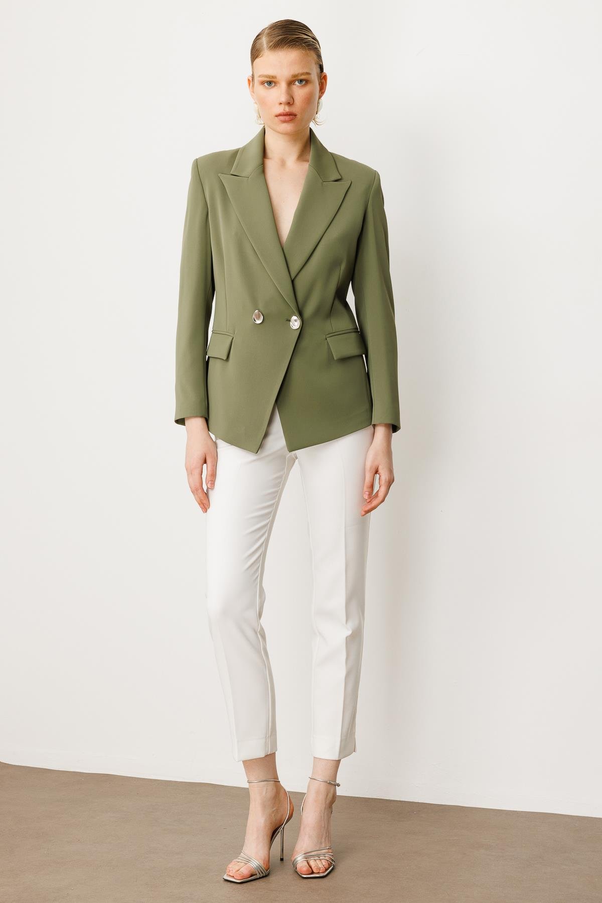 Modailgi  Yanları Metal Aksesuarlı Kruvaze Ceket Haki