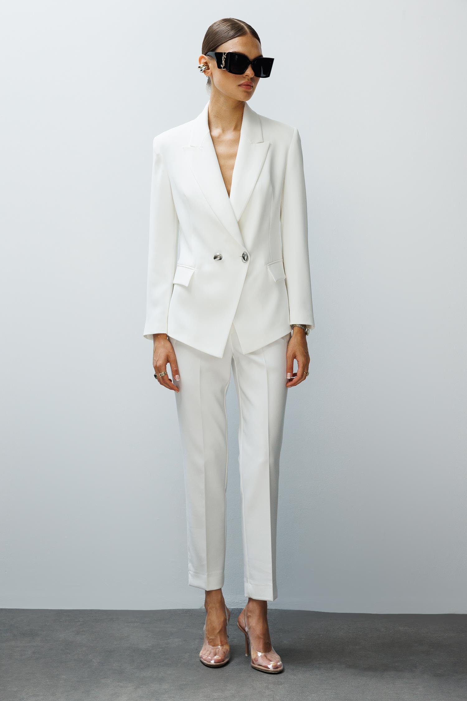 Modailgi  Yanları Metal Aksesuarlı Kruvaze Ceket Ekru