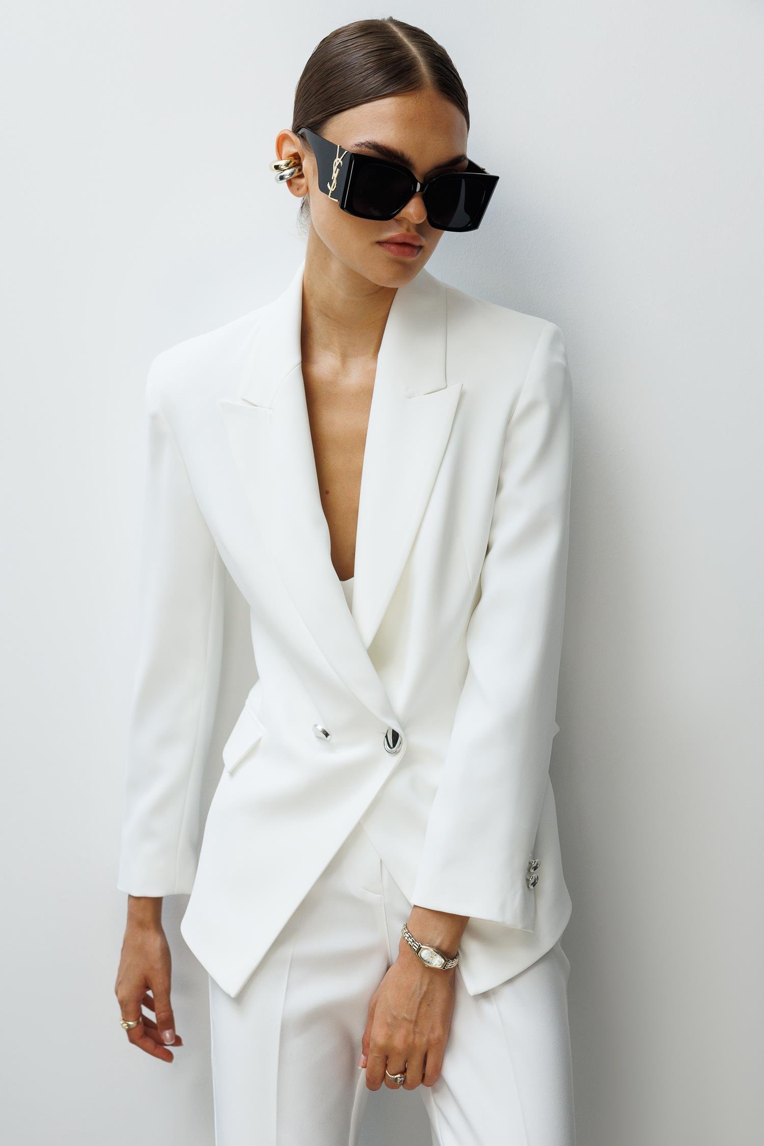 Modailgi  Yanları Metal Aksesuarlı Kruvaze Ceket Ekru