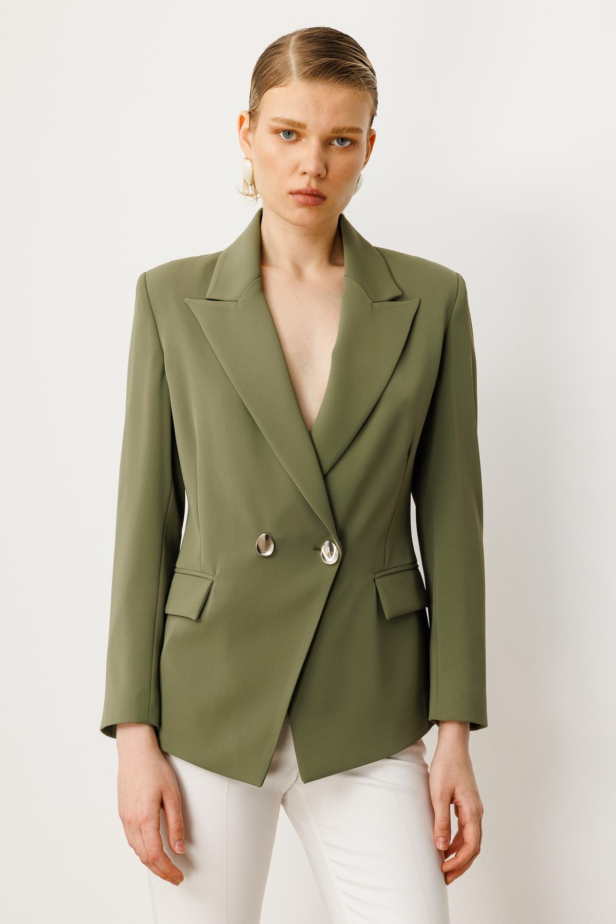 Modailgi  Yanları Metal Aksesuarlı Kruvaze Ceket Haki