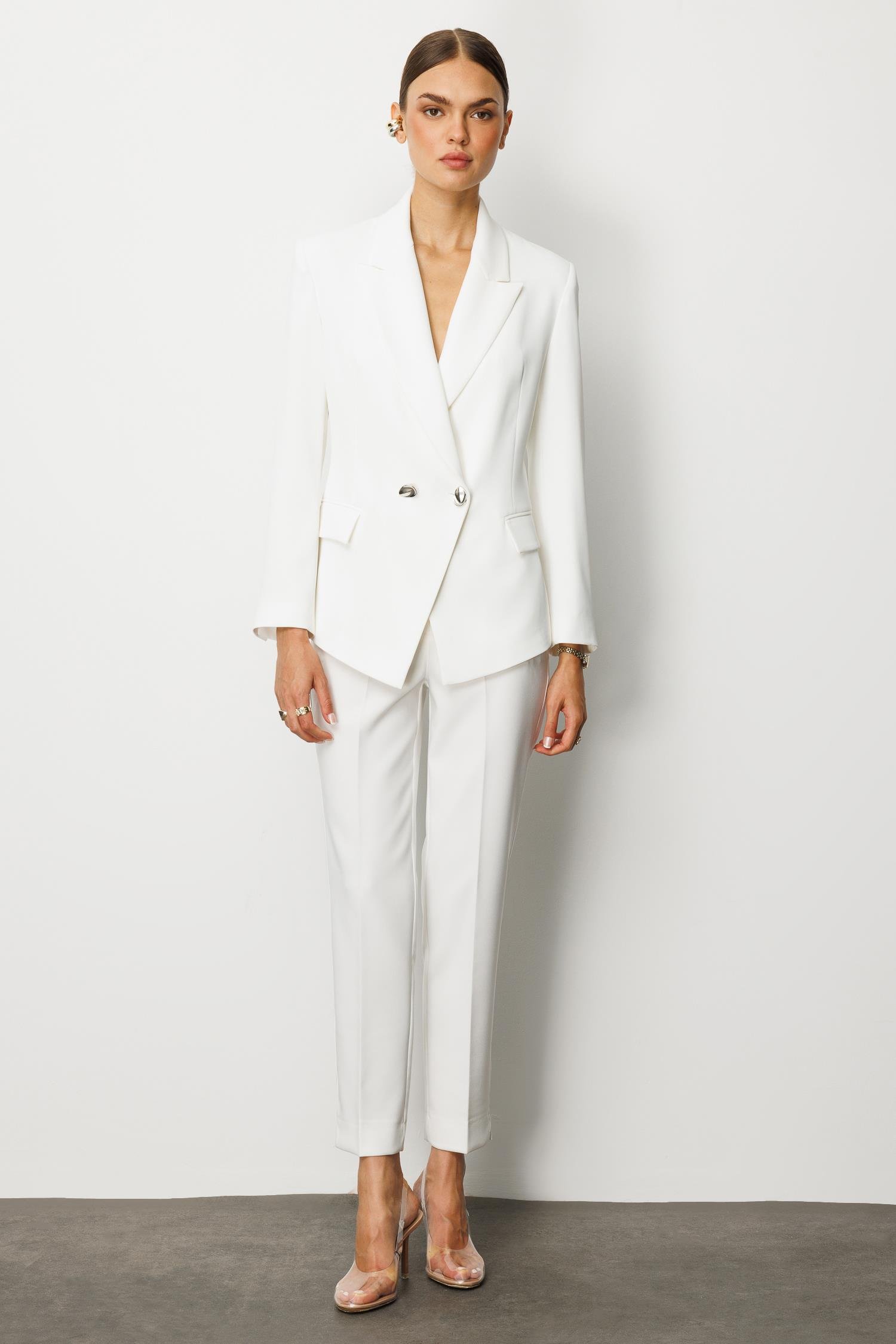 Modailgi  Yanları Metal Aksesuarlı Kruvaze Ceket Ekru