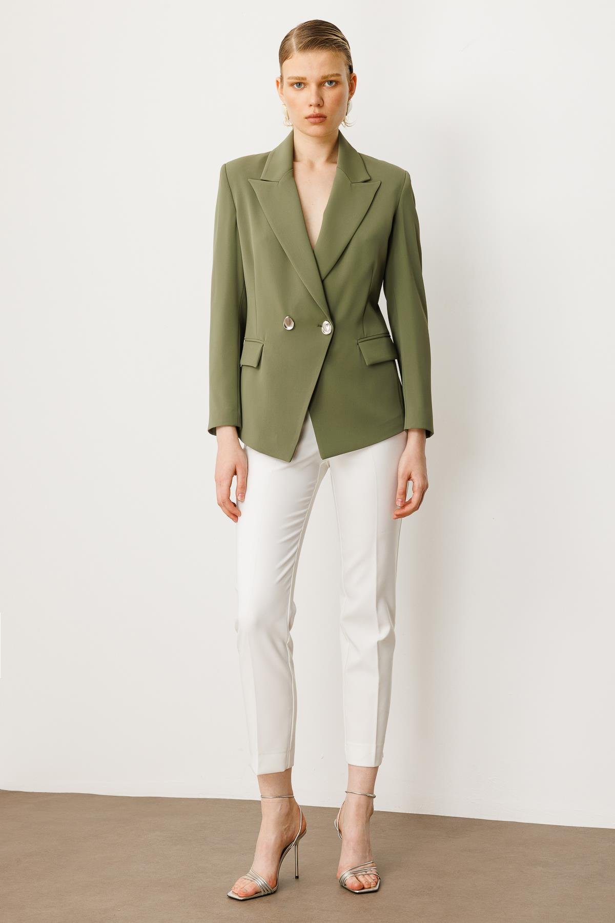 Modailgi  Yanları Metal Aksesuarlı Kruvaze Ceket Haki