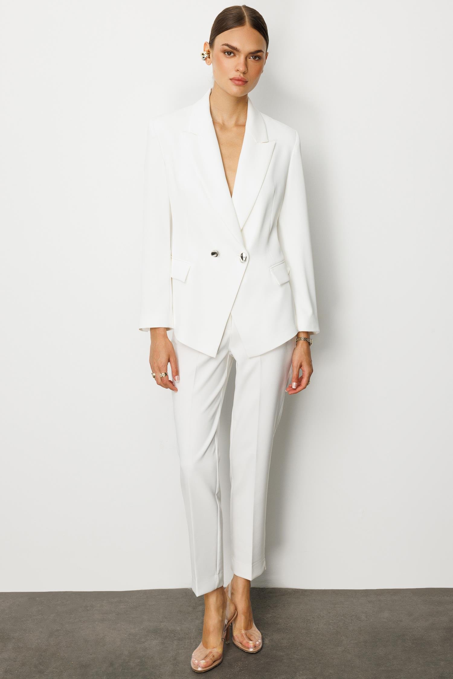 Modailgi  Yanları Metal Aksesuarlı Kruvaze Ceket Ekru