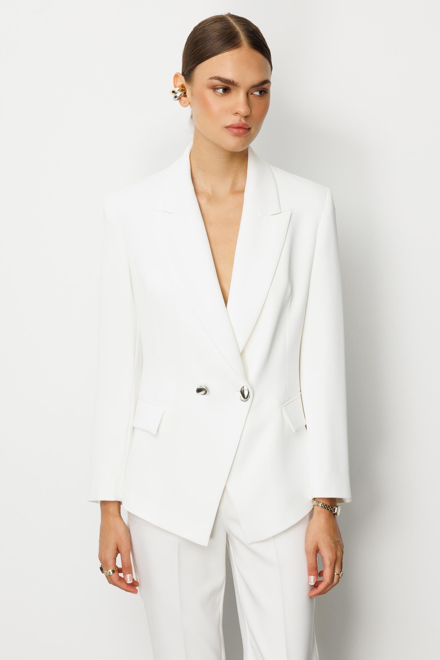 Modailgi  Yanları Metal Aksesuarlı Kruvaze Ceket Ekru