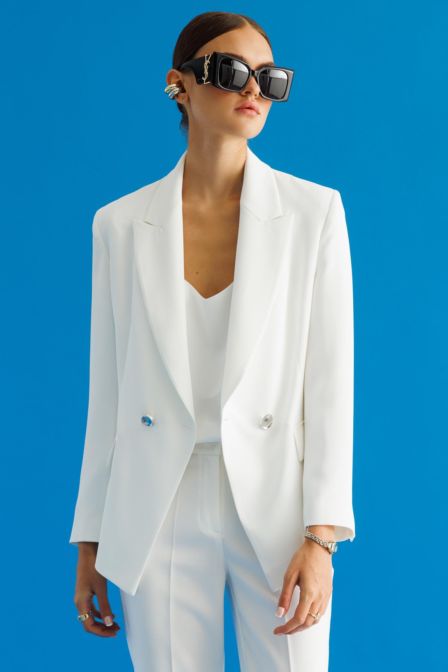 Modailgi  Yanları Metal Aksesuarlı Kruvaze Ceket Ekru