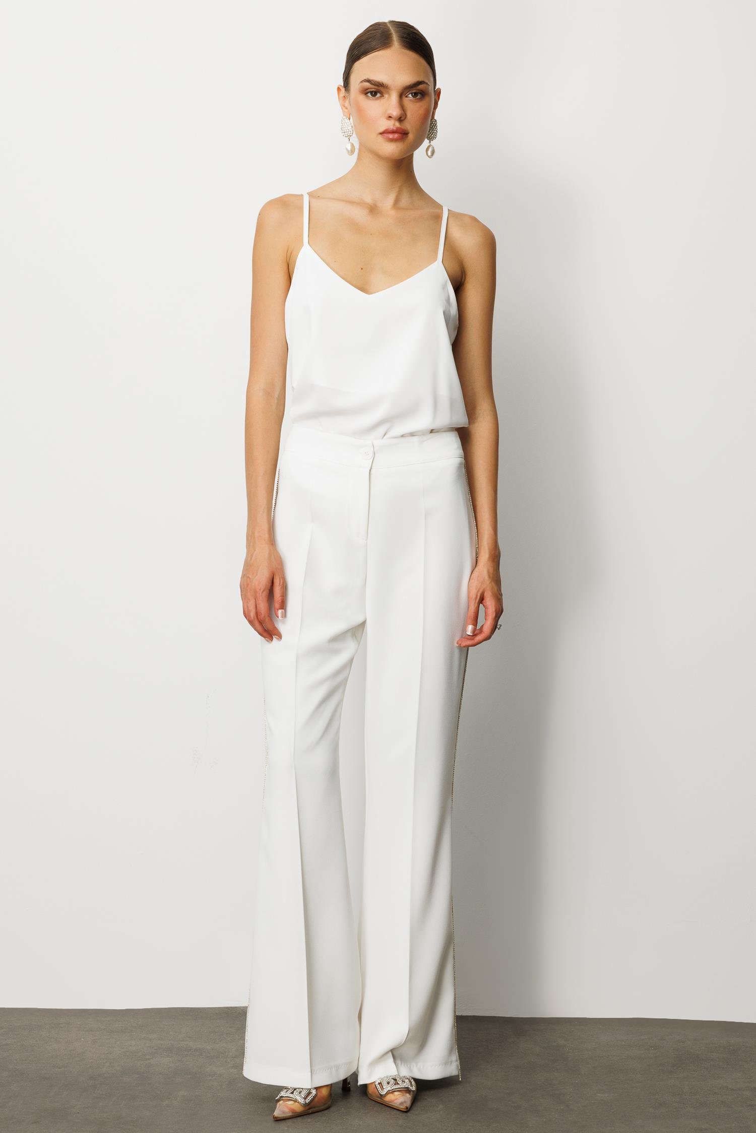 Modailgi  Yanları Şerit Swaroski Pantolon - 75008 Ekru