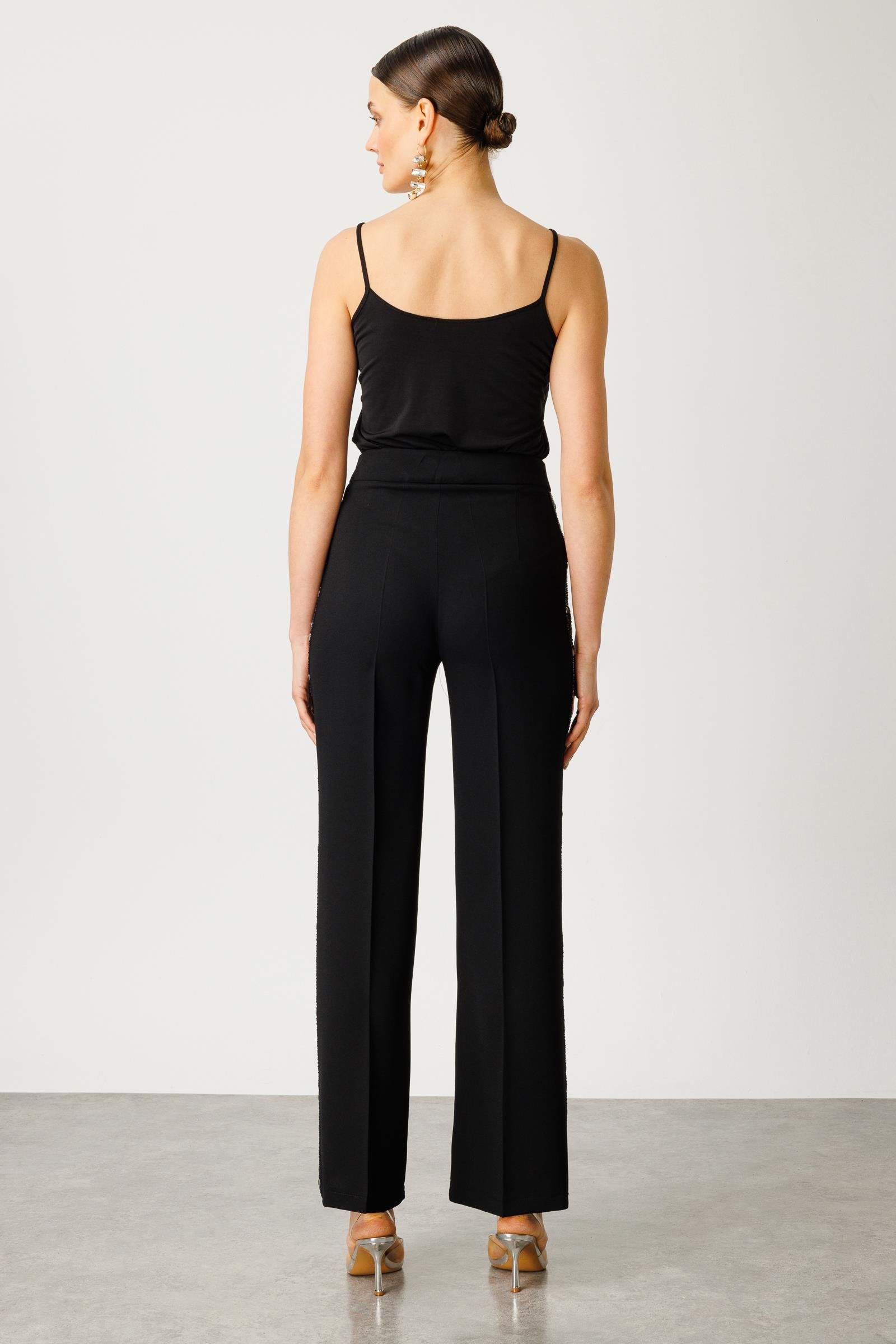 Modailgi  Yanları Taş Şeritli Geniş Paça Pantolon Siyah