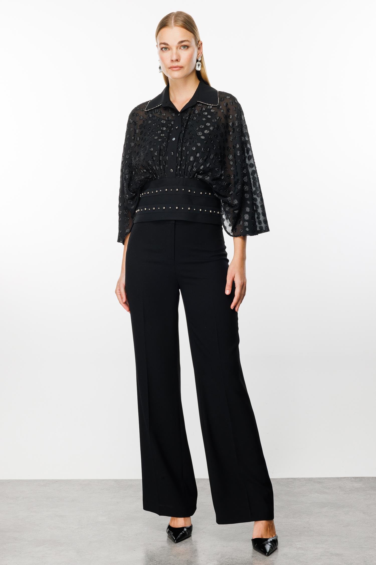 Modailgi  Yarasa Kol Büzgülü Fermuarlı Korsajlı Simli Puanlı Bluz Siyah