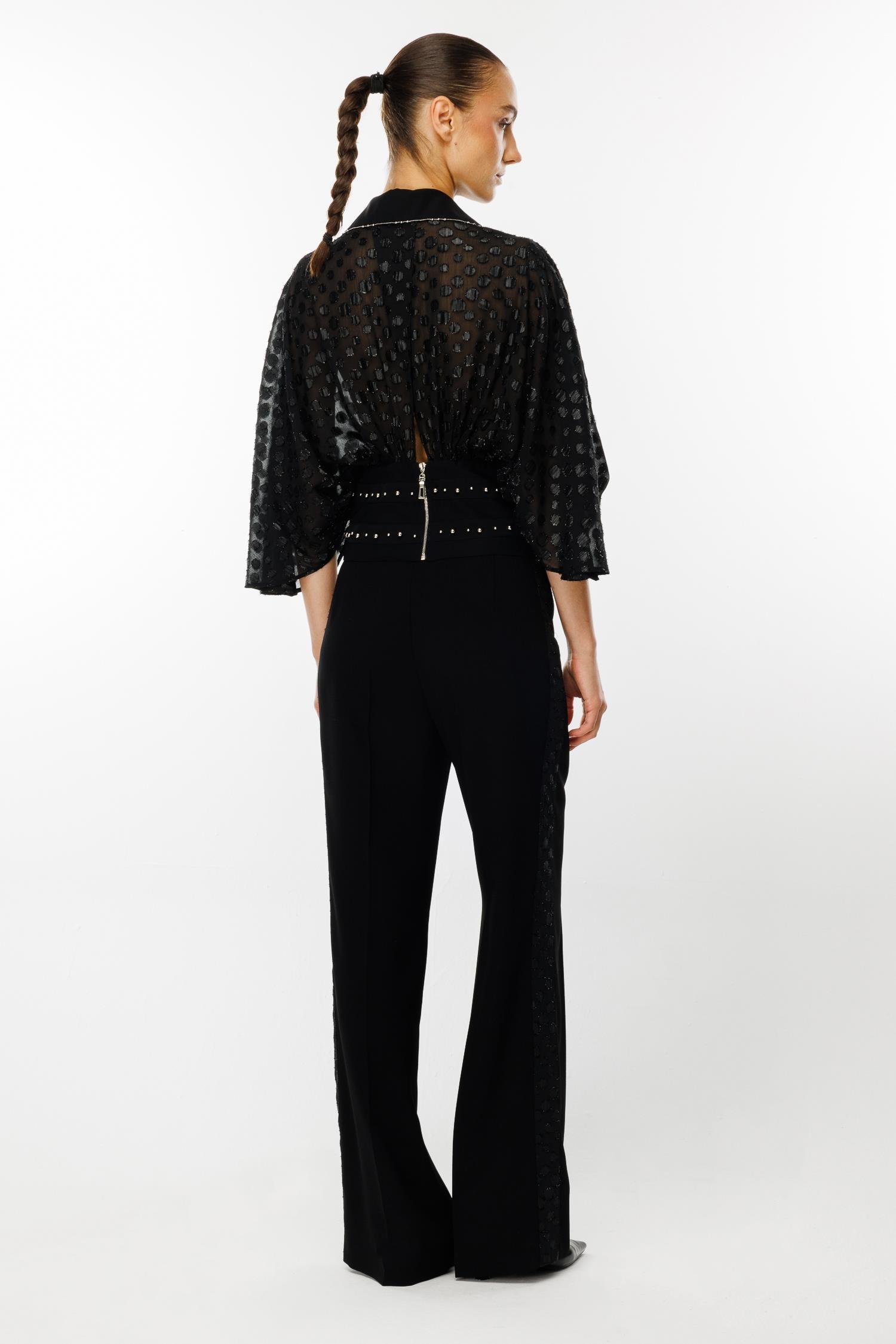 Modailgi  Yarasa Kol Büzgülü Fermuarlı Korsajlı Simli Puanlı Bluz - 4601 Siyah