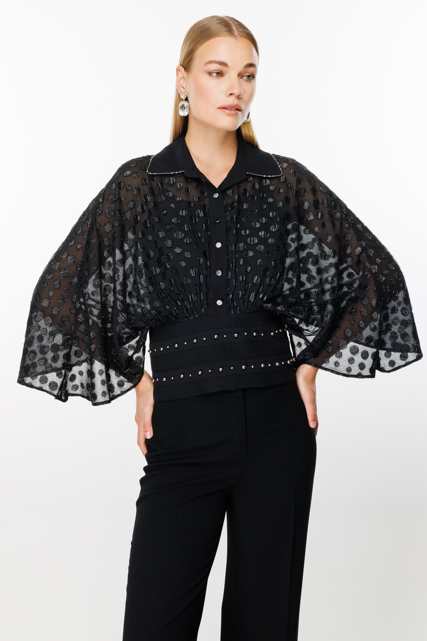 Modailgi  Yarasa Kol Büzgülü Fermuarlı Korsajlı Simli Puanlı Bluz Siyah